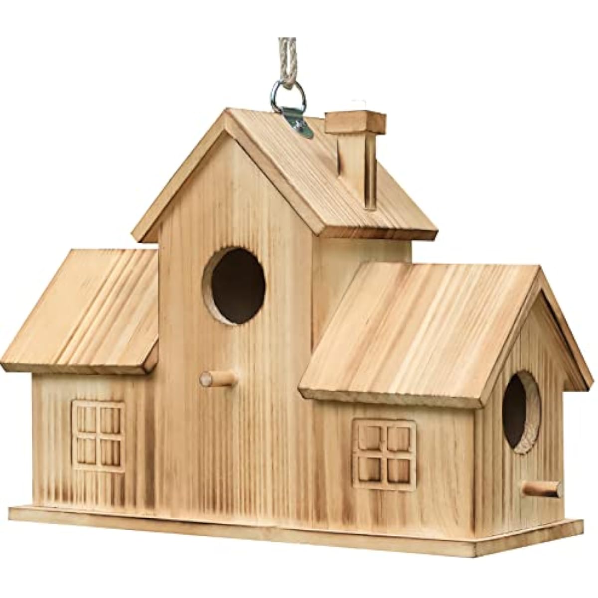 STARSWR Bird Houses for Outside,Outdoor 3 Hole Bird House Room for 3 Bird Families Bluebird Finch Cardinals Wooden Hanging Birdhouse for Garden