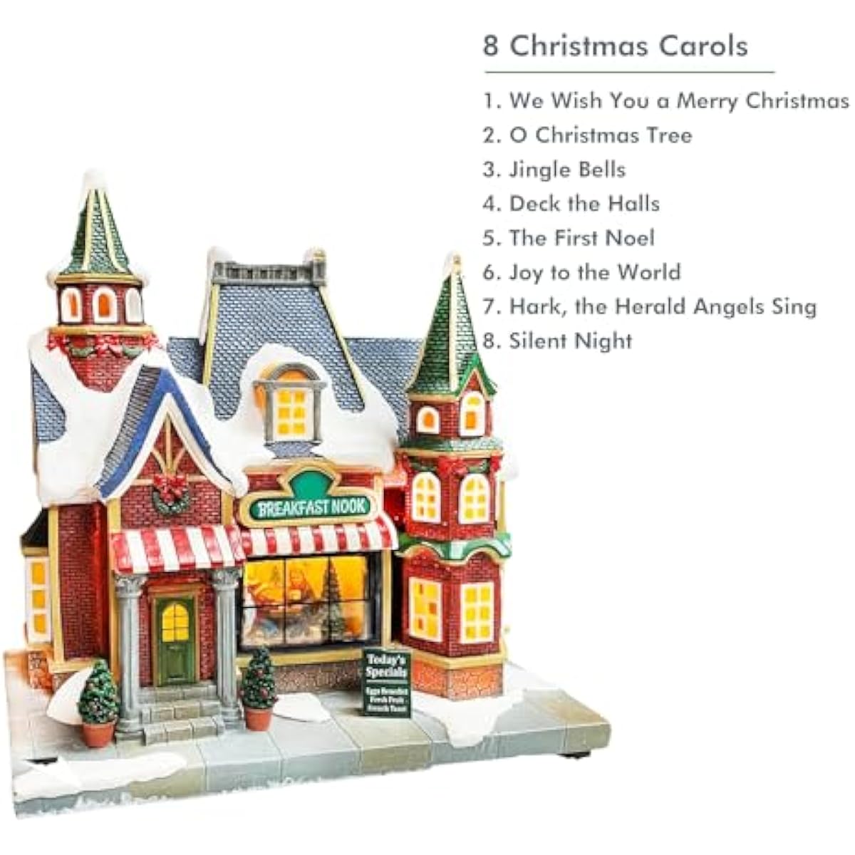 MOMENTS IN TIME Lighted Christmas Village Building Breakfast Nook LED Lights Music Battery Operated Plays 8 Holiday Songs Optional 4.5V Adapter Gift Wrapped Ready Décor