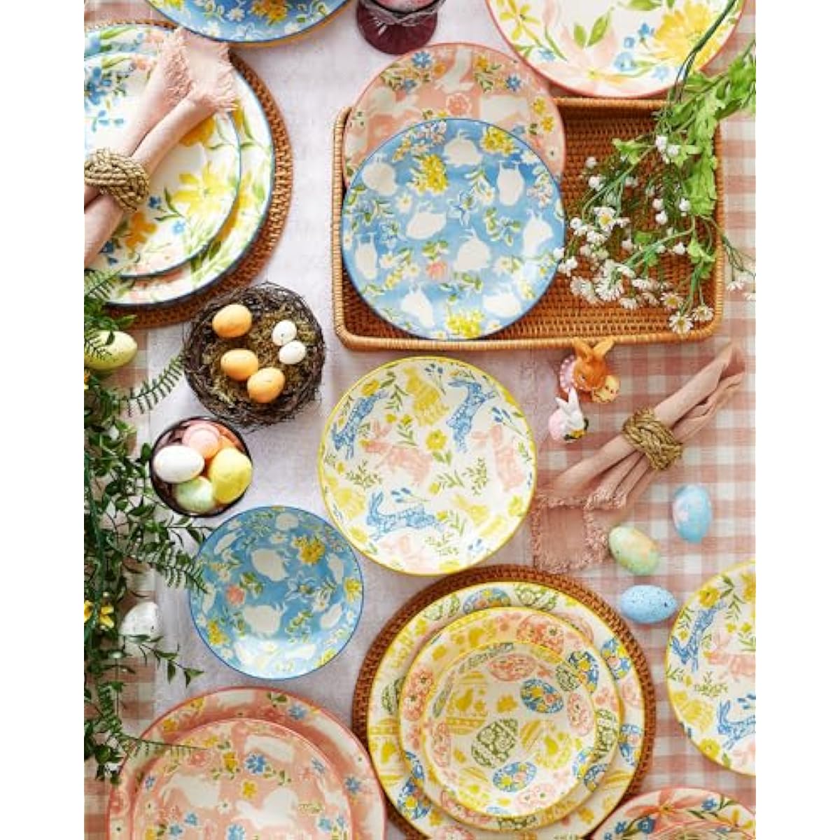 Easter Salad Plates, 8" Ceramic Bunny Plate Set, Dessert Appetizer Dishes Set of 6, Watercolor Style, Dishwasher & Microwave Safe, Set of 6