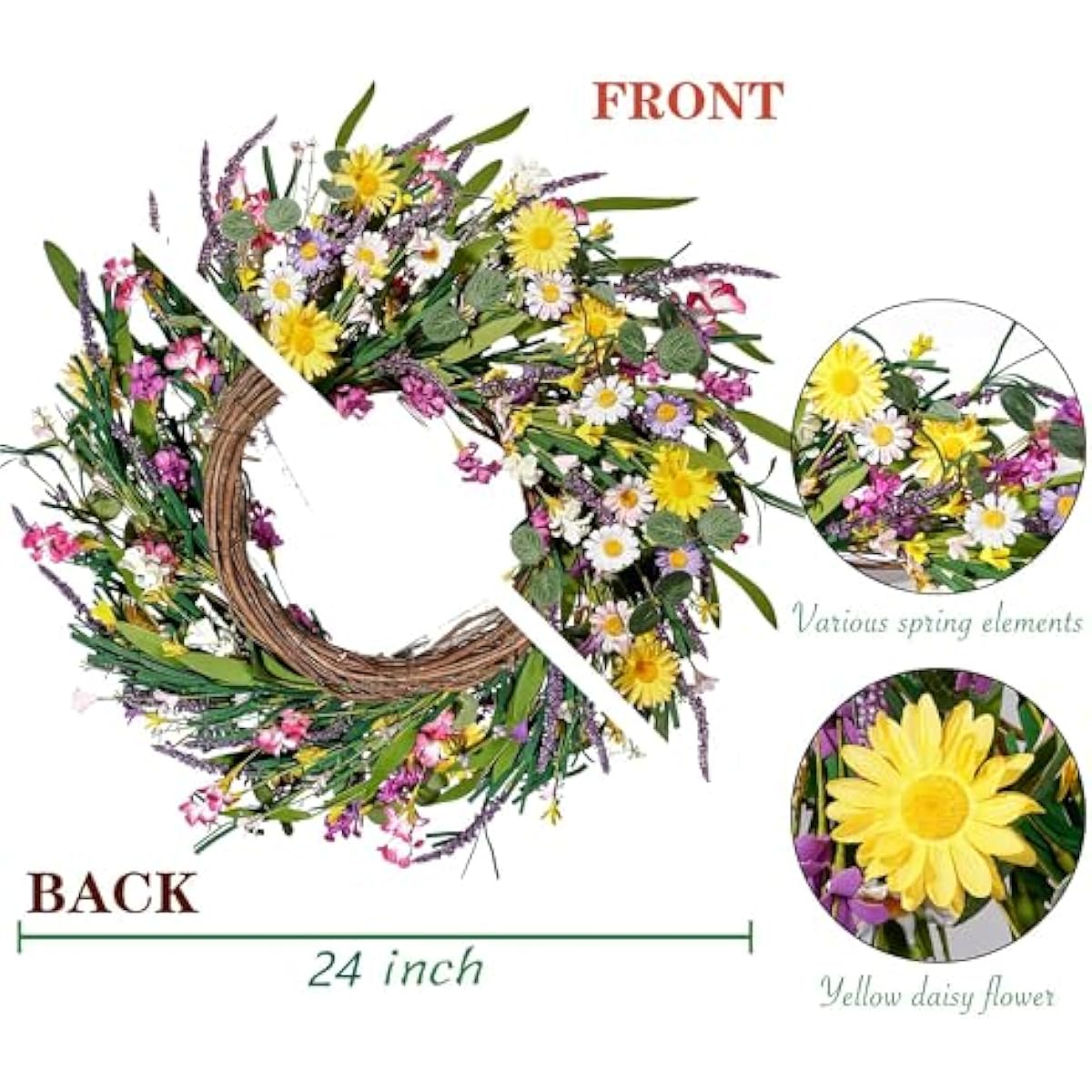Sggvecsy Daisy and Lavender Wreath 24’’ Wildflower Wreath Spring and Summer Artificial Spring Silk Summer for Front Door Home Wall Wedding Festival Farmhouse Holiday Decor