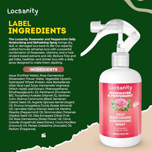 Loc Spray - Locsanity Daily Moisturizing Rosewater & Peppermint Spray for Locs, Dreadlocks - Lightweight Frizz Control Hair & Scalp Moisturizer - Natural Loc Care (12 fl oz)
