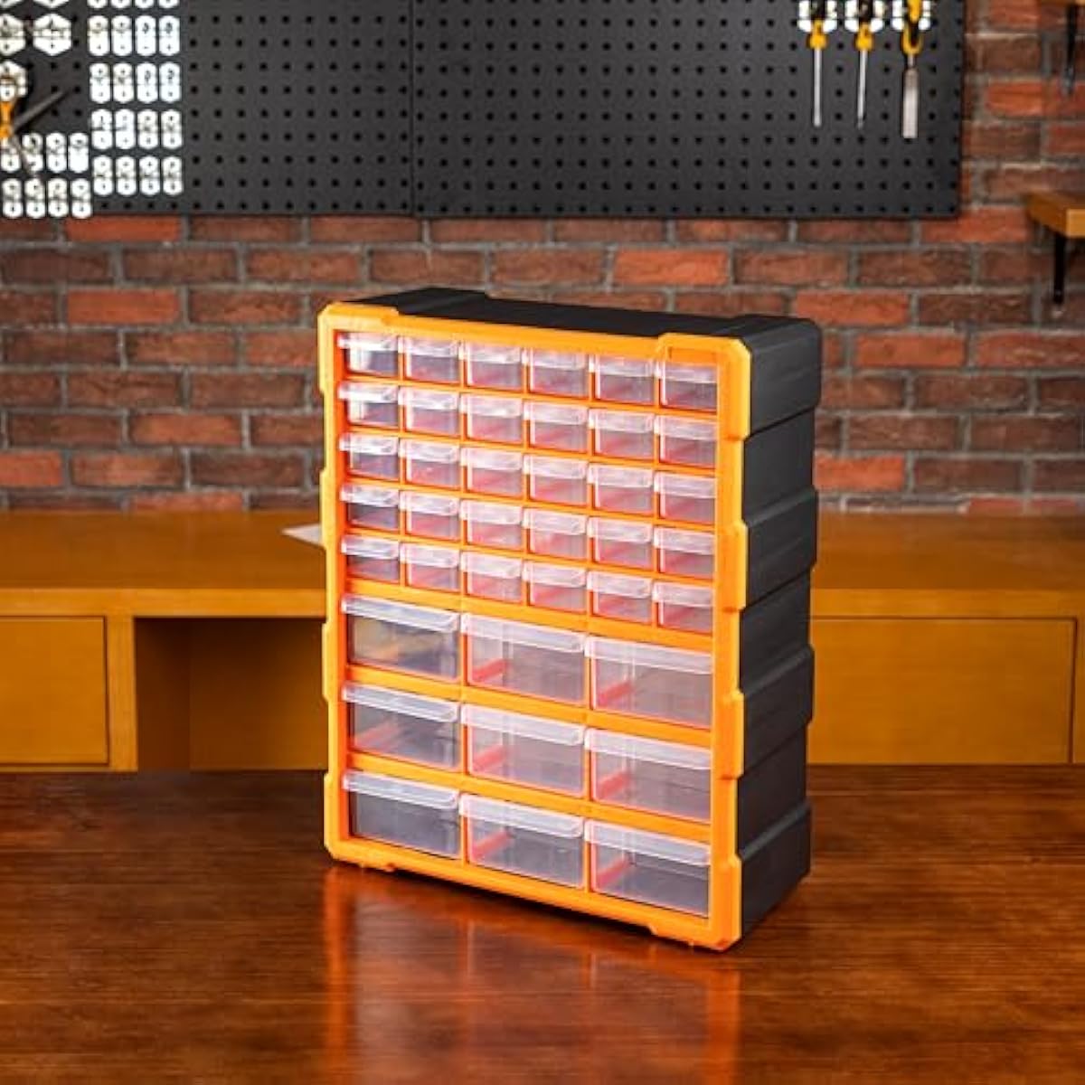Amazon Basics Wall Mount Hardware and Craft Storage Cabinet Organizer with 39 Drawers, Plastic Garage Organization System with Dividers for Small Parts, Black, Orange, 15" x 6.3" x 18.6"