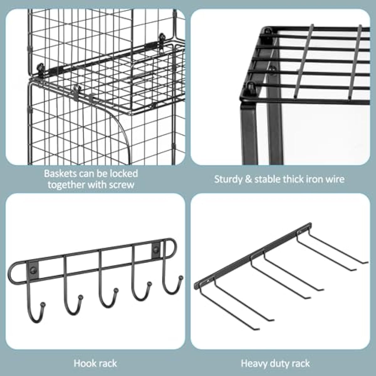 Garage Shelf Wall Mounted with Wire baskets, Heavy Duty Garage Wall Shelving with Garden Tool Rack and Hooks, Wire Shelf Baskets Tool Organizer for Home Garden Yard Organization and Storage