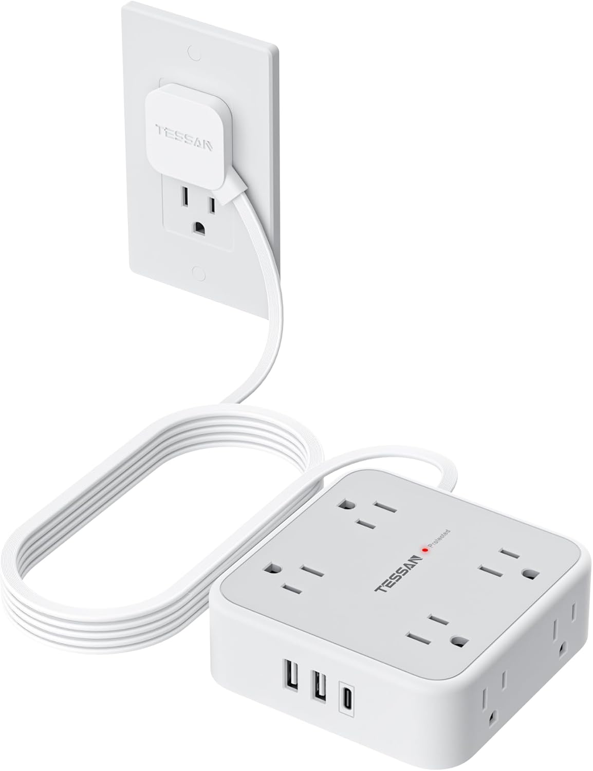 TESSAN Surge Protector Power Strip, 5 Ft Flat Plug Extension Cord with 3 USB (1 USB C) 8 Outlets, 1250W, 900J Protection, 3 Sided Outlet Extender with Power Switch for Office, Dorm Room Essentials