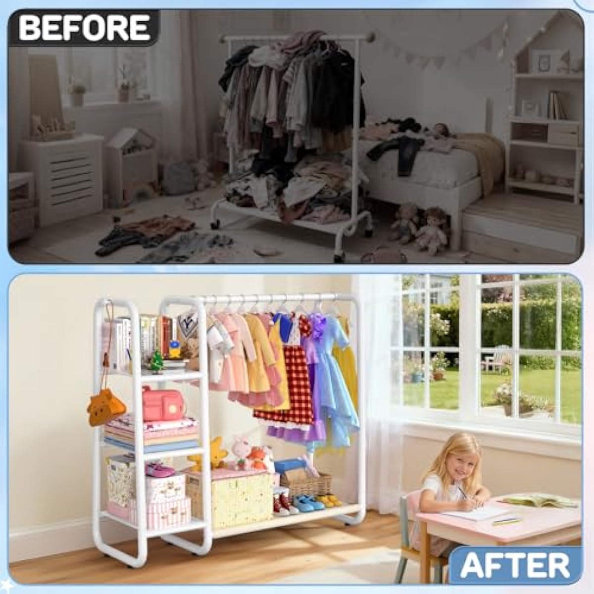 Kids Clothing Rack: Portable Kids Dress up Rack with 4 Storage Shelves & Coat Hook,Sturdy Closet Organizer for Toddler Baby Playroom Bedroom Use(Classic,White)