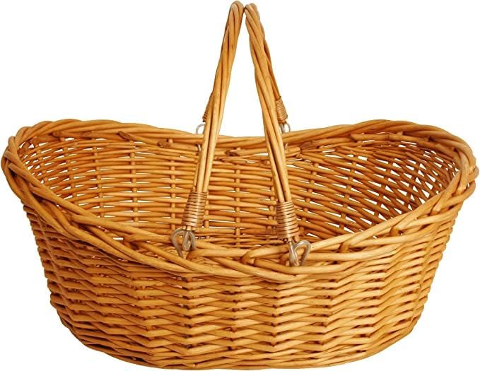 Wald Imports - Medium Wicker Basket with Handle - Dark Brown Hand Woven Harvest Basket - Wicker Flower Basket for Storage, Picnics, Easter, Organizing, and More (17 x 6.5 inches)