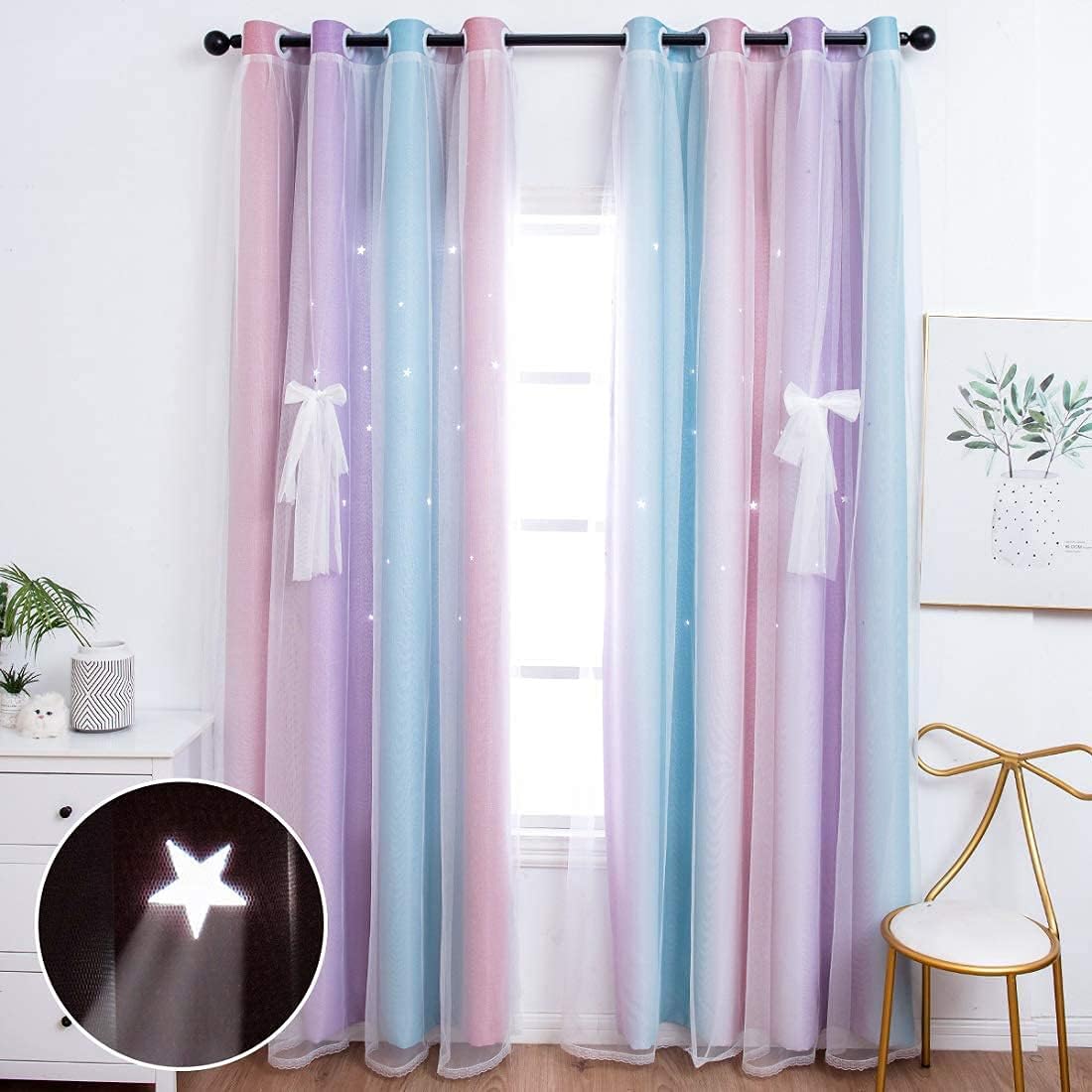 UNISTAR 2 Panels Stars Blackout Curtains for Bedroom Girls Kids Baby Window Decoration Double Layer Star Cut Out Aesthetic Living Room Decor Wall Home Curtain,W52 x L63 Inches,Pink