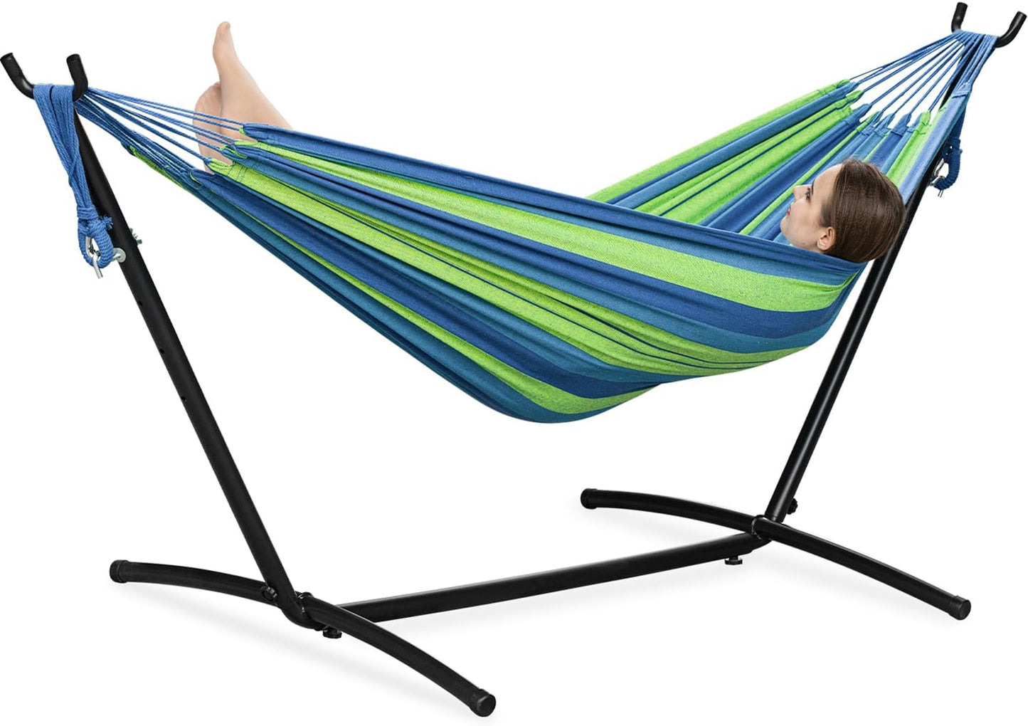 PNAEUT Double Hammocks with Stand for Outside, Portable Space Saving Heavy-Duty Steel Frame for Indoor Outdoor Patio Yard, Easy Assembly, 2 Person 450 lbs Capacity (Coffee)