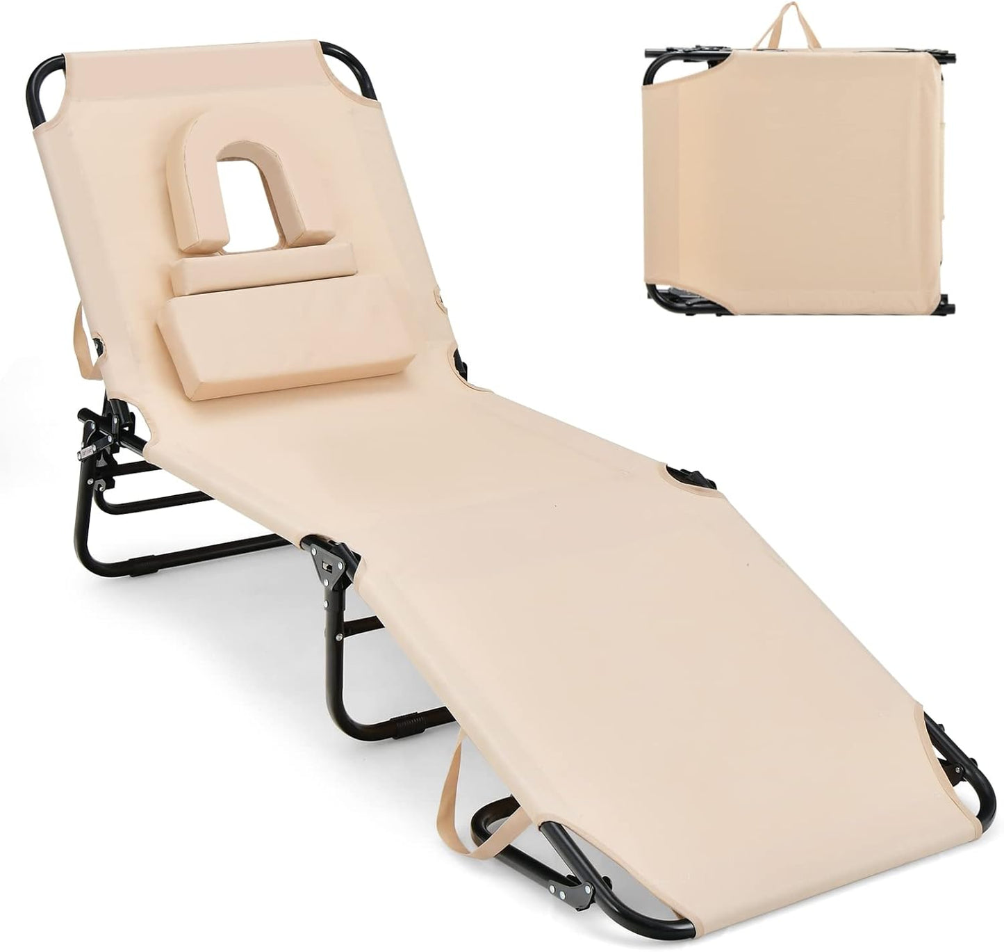 GYMAX Tanning Chair, 330lbs Beach Lounge Chair with Face Hole, Washable Pillow & Carry Strap, Adjustable Folding Chaise Lounge, Layout Chair for Outside, Patio, Poolside, Lawn (1, Stripe)