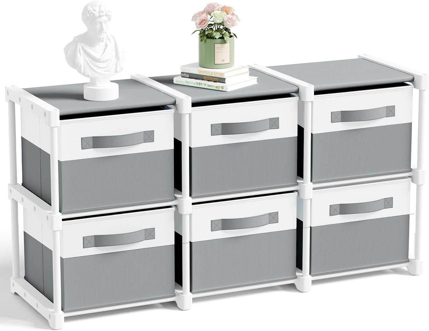 Thyle Large Cube Storage Organizer Shelf with 6 Bins 14 Inch Fabric Collapsible Cubby Storage Drawers Shelving Unit for Christmas Ornaments Clothes Toys Craft(Gray-white,Minimalist)