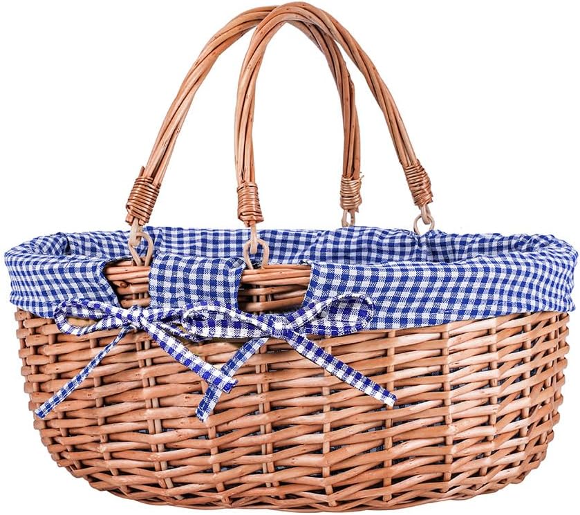 Large Wicker Picnic Basket with Handles,Handle Sturdy Woven Body with Removable and Washable Lining,Outdoor Camping,Gift Packing,Garden Picking, Storage.White Flower