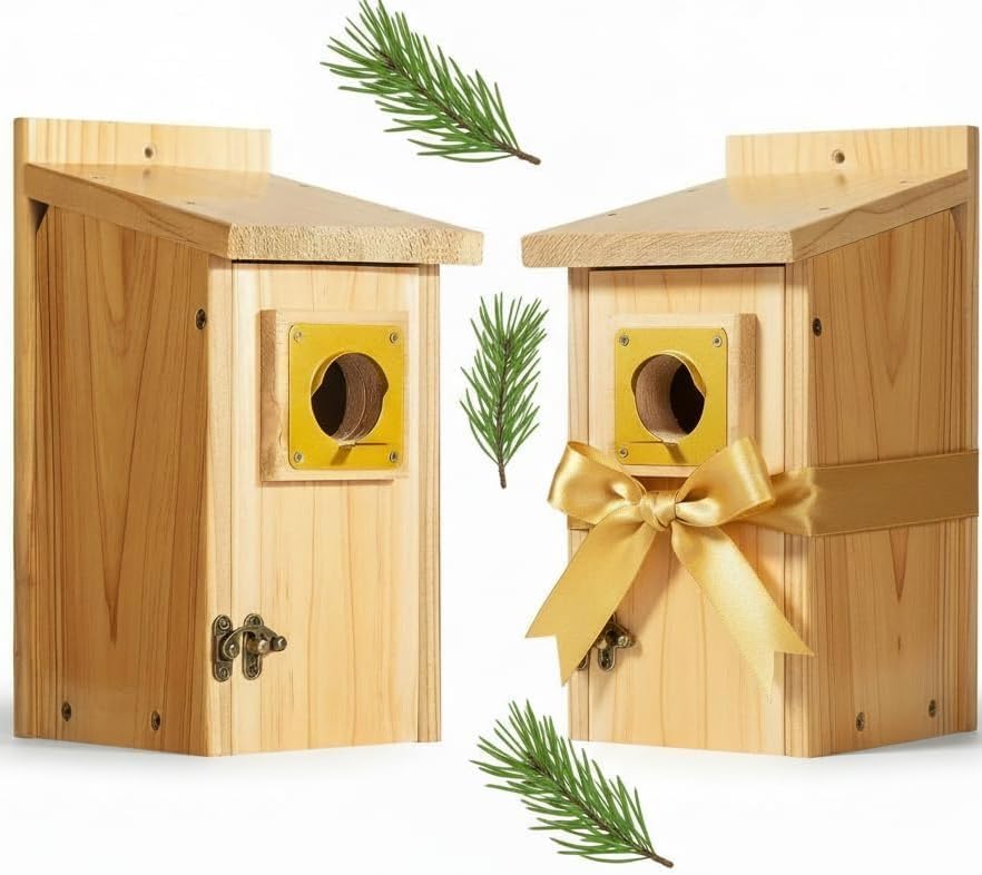 2 Pack Bird Houses for Outside Clearance with Copper Guard, Cedar Bird House Outdoor, Bluebird Finch Swallow Wren Chickadee Assembly Required,Lacquer Finished,Outdoor 5 Years Usage