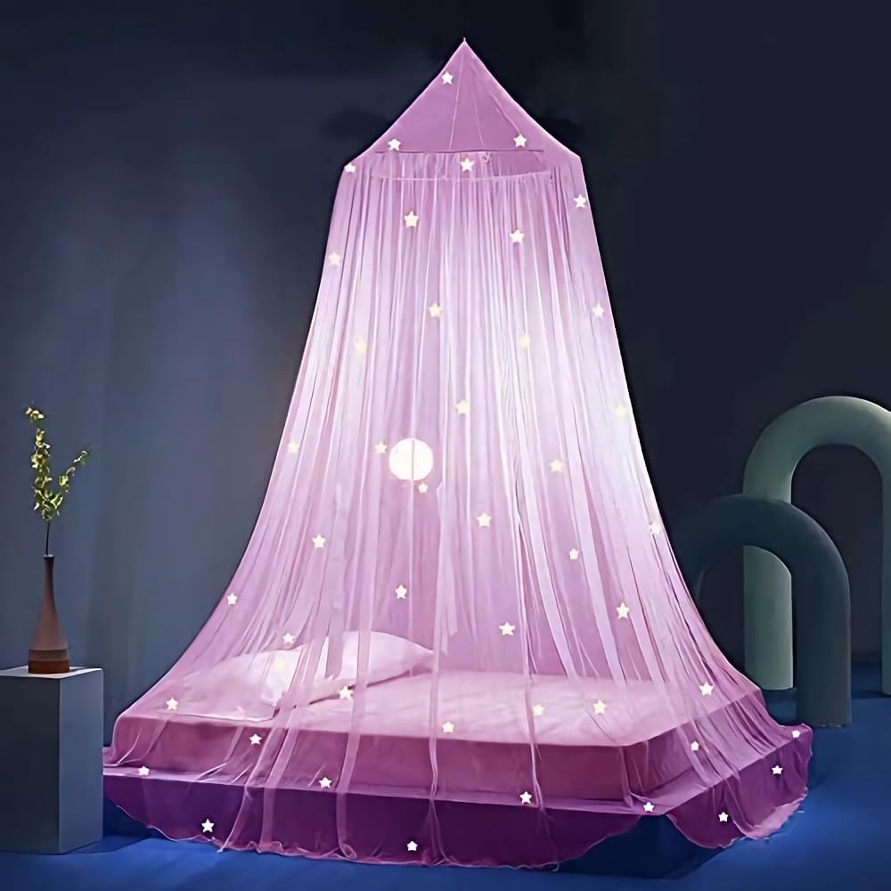 Eimilaly Bed Canopy for Girls Mosquito Net, Princess Bed Canopy for Girls Room Decor - Insect Protection Hanging Canopy for Indoor(Pink,Stars Glow in the Dark)