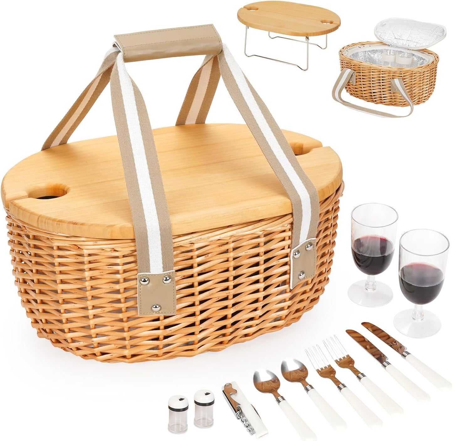 STBoo Picnic Basket for 4, Insulated Wicker Hamper with Folding Table, Willow Picnic Baskets Set with Large Insulated Cooler Bag for Camping Outdoor (Stripe)