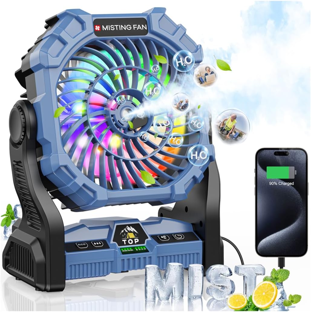 Misting Fan Portable with RGB Lantern, 30000 mAh Rechargeable Camping Mist Fan with Emergency Battery Power Bank Hurricane Supplies, Perfect Cooling Mister for Outdoor Travel