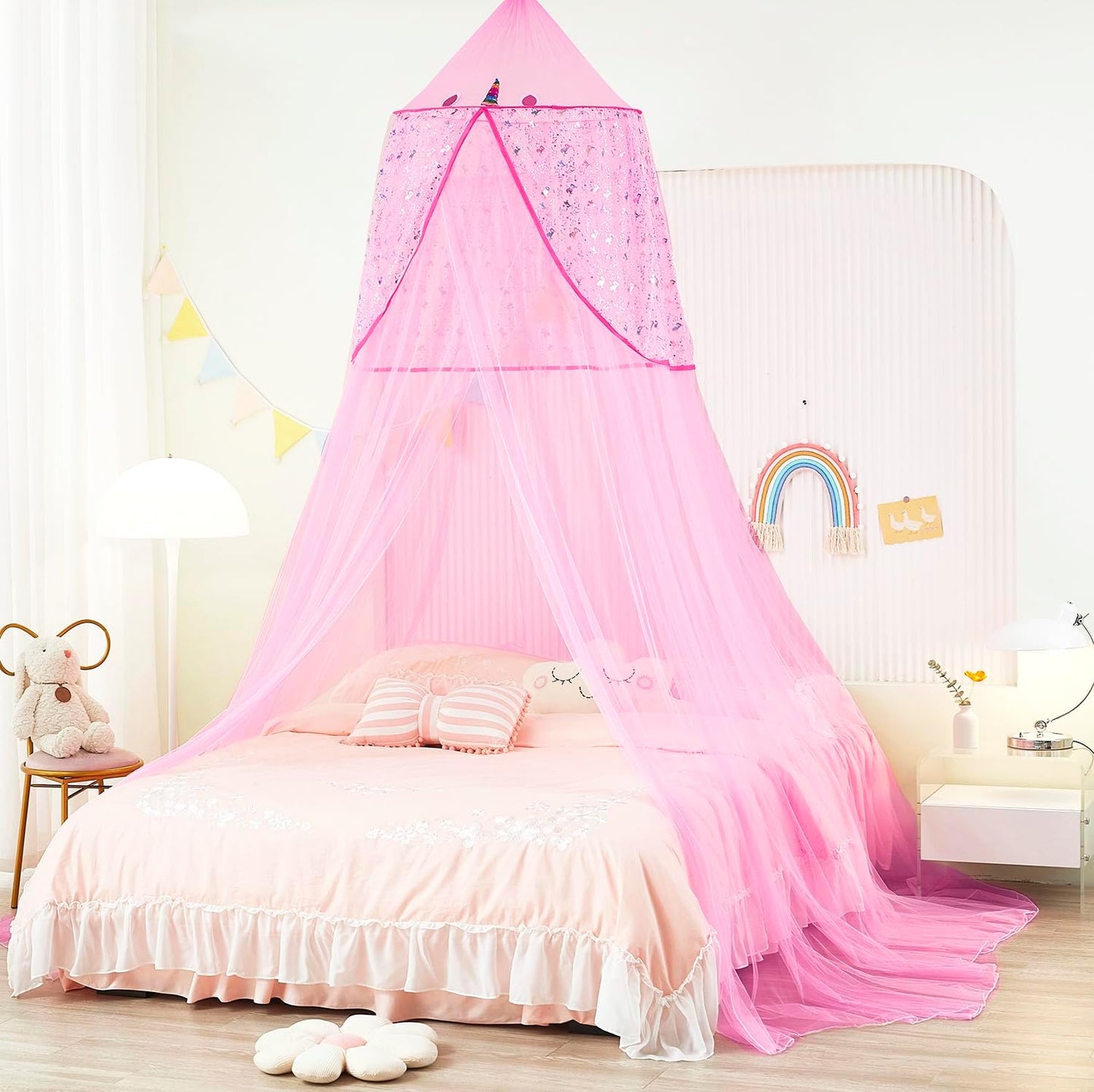 Bed Canopy with Lights for Girls,Gold Star Princess Crib Canopy Curtains,Extra Large Dome Mosquito Net Reading Nook Canopy for Kids Boys Twin Full Queen Size Bed,Fire Retardant Fabric