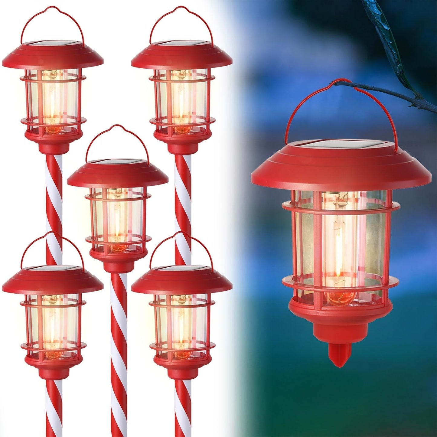 Dynaming 6 Pack Dual Use Solar Path Lights Outdoor, Hanging Lantern Solar Garden Lights with Edison Bulb, Landscape Lighting, Waterproof & Auto On/Off for Patio Pathway Walkway Driveway, Warm White
