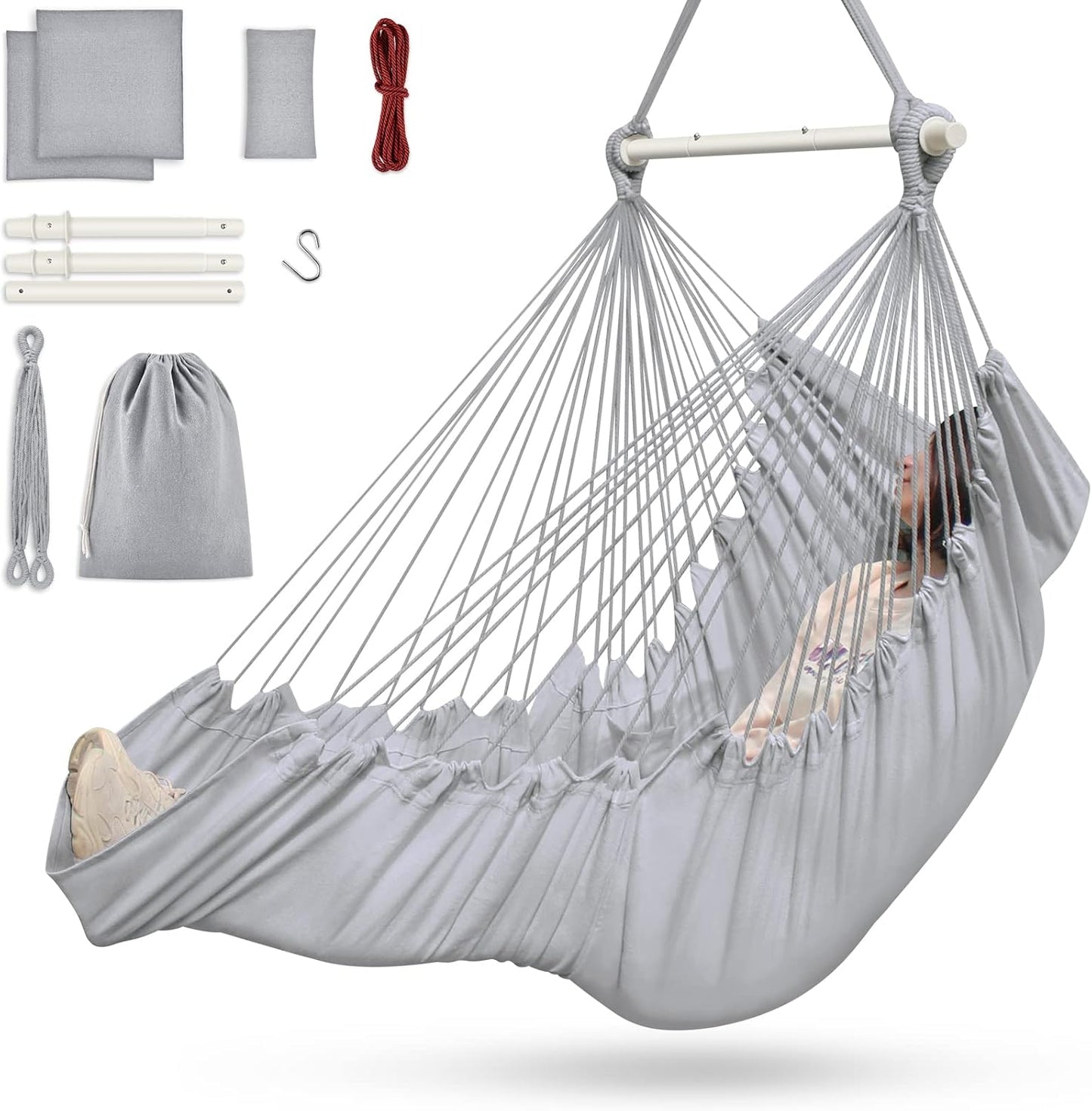 Outerman Hammock Chair, Hanging Chair with 3 Cushions and Foot Rest Support, Sturdy Metal Spreader Bar Max 500Lbs, Swing Chair for Bedroom, Indoor & Outdoor, Patio, Porch or Tree(Black)…