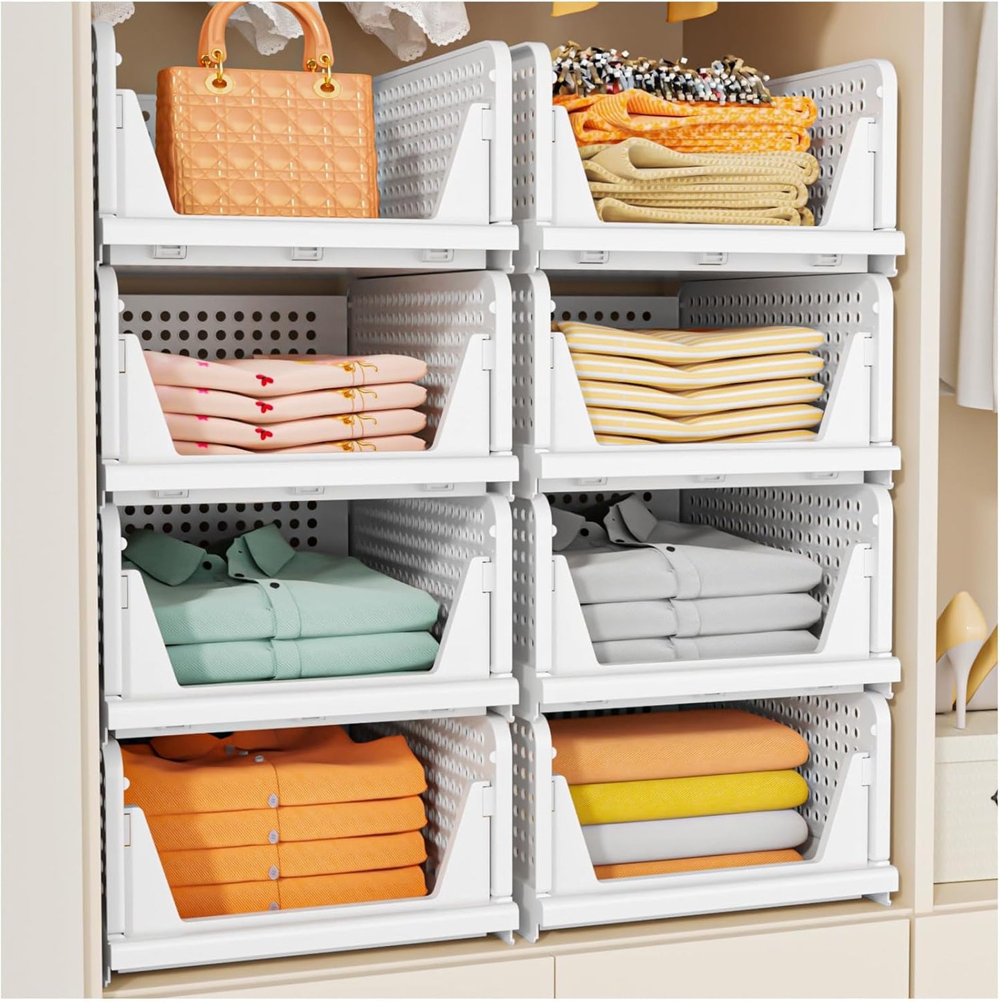 SNSLXH 5 Pack Stackable Closet Organizer Box, Multifunctional & Foldable Closet Storage Basket for Bathroom Kitchen Laundry Room Wardrobe Storage, Space-Saving Clothes Storage Drawer Organizer, Pink
