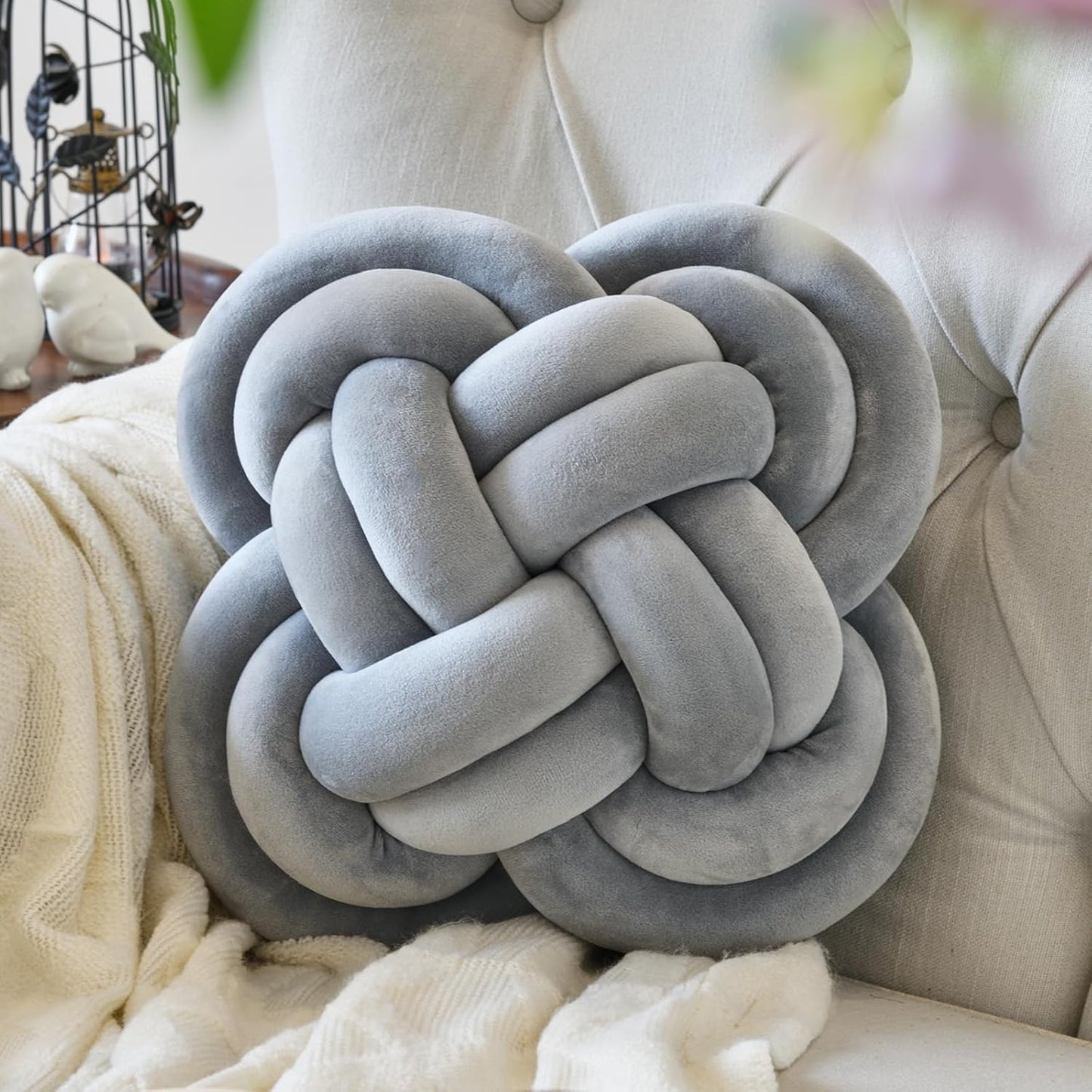 Xuyier Knot Pillow Ball, Decorative Throw Pillows with Velvet Fabric for Couch Bed, 12" Decor Knotted Square Floor Pillow Cushions for Living Room (12 Inches, Beige)