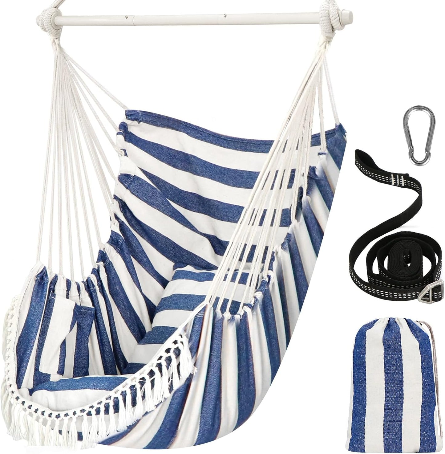 Chihee Hammock Chair Hanging Swing Max 500 Lbs 2 Cushions Included Steel Spreader Bar with Anti-Slip Grooves Portable Hanging Chair Side Pocket Large Macrame Bohemian Chair Indoor Outdoor