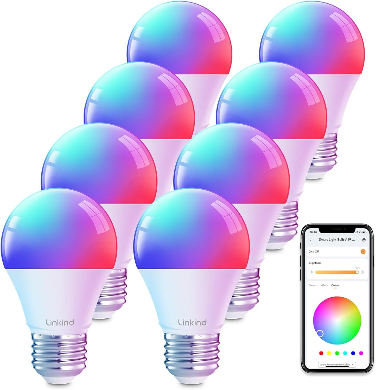 Linkind Smart Light Bulbs, Smart Bulb That Work with Alexa & Google Home, LED Light Bulbs Color Changing, 104 Preset Scene, Music Sync, A19 E26 2.4GHz RGBTW WiFi Bluetooth Light Bulb 60W, 800LM, 4Pack