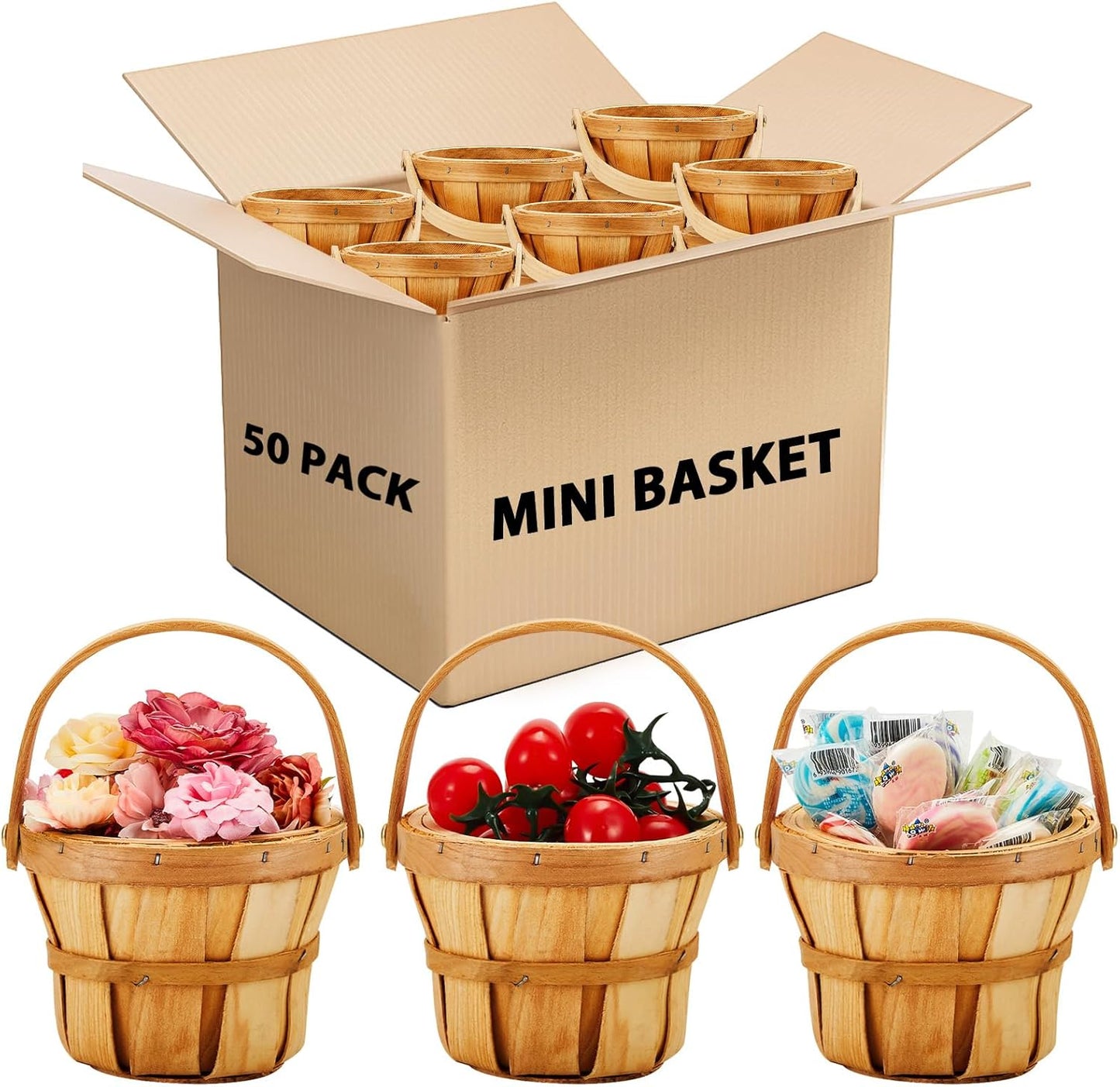 Marsui 10 Pcs Small Wooden Berry Baskets – 4 x 5.1 Inch Handcrafted Rustic Baskets with Reinforced Handles, for Fruit, Market, Crafts, Gifts, Garden Picking & Decor (Brown)