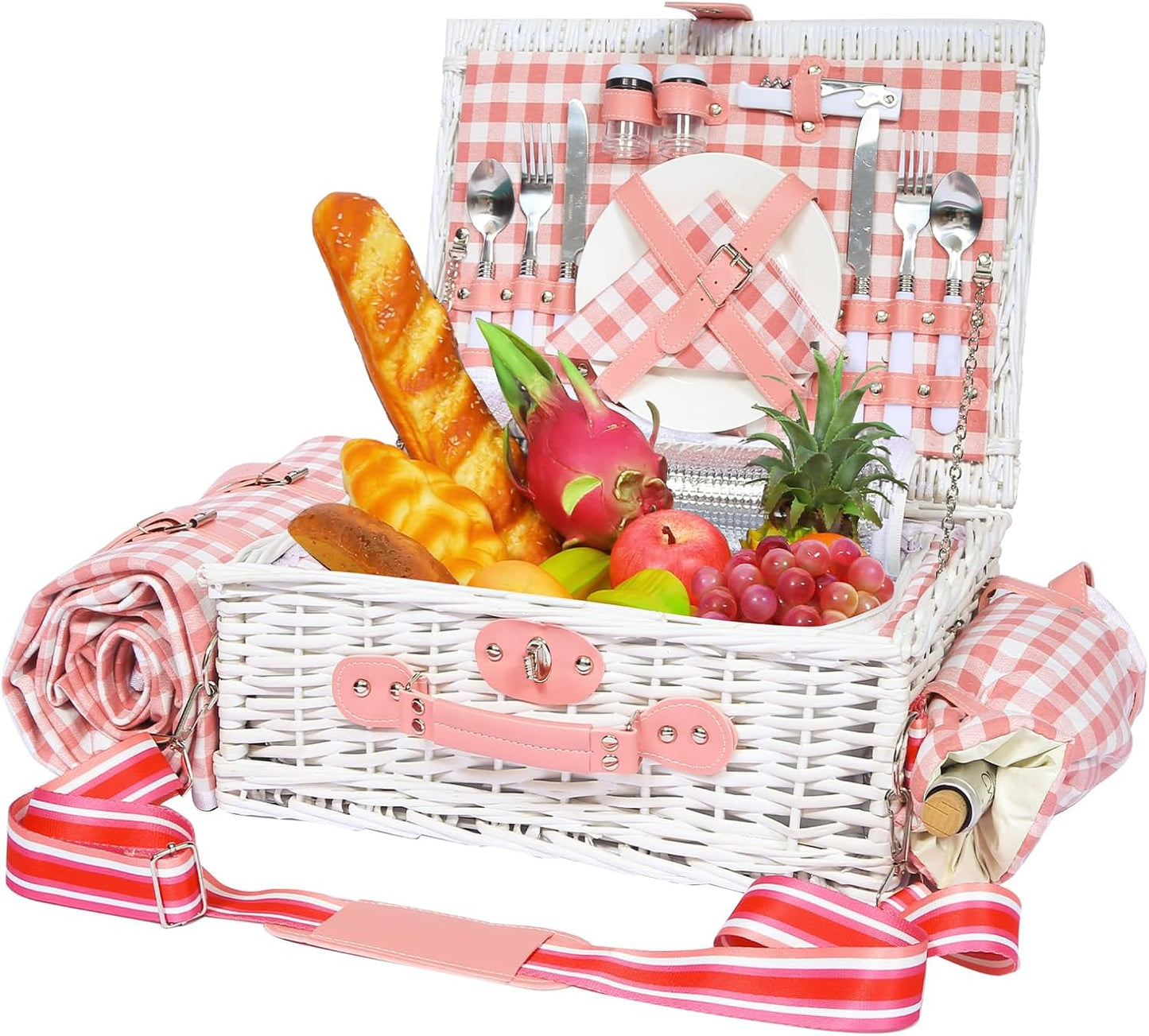 Picnic Basket for 4 Persons with Waterproof Picnic Blanket and Insulated Cooler, Large Wicker Picnic Basket for Camping, Outdoors, Valentine's Day, Christmas, Birthday, Wedding Gift