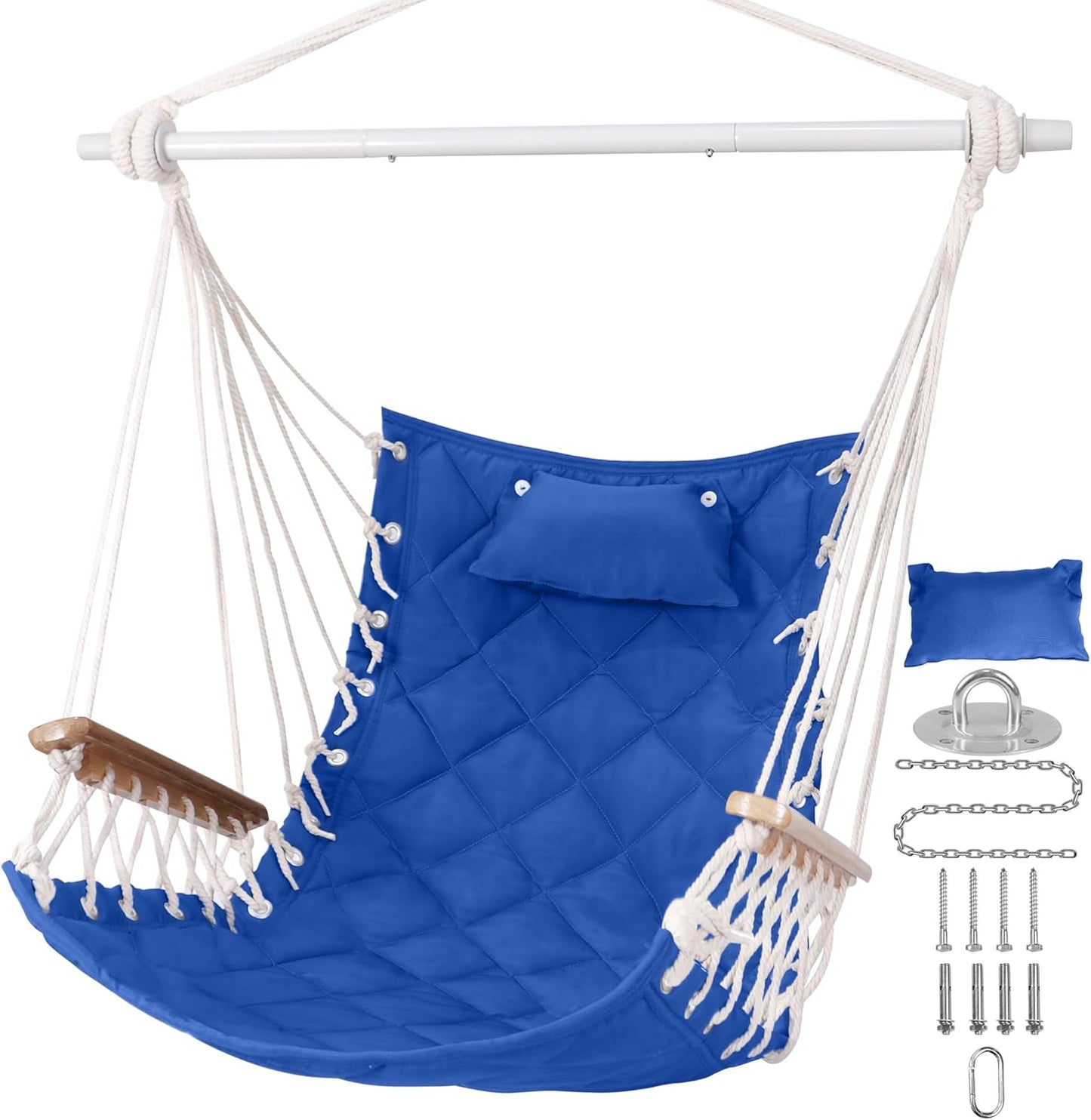 Hammock Chair Hanging Swing with Wooden Armrest;Steel Spreader Bar,Pillows,Hardware kit Included;Cotton Woven Fabric;Up to 350 Lbs,for Indoor or Outdoor