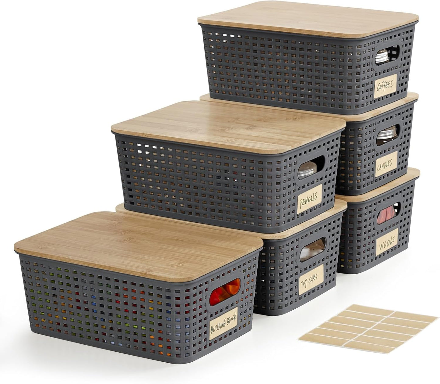 Small Plastic Storage Bins with Bamboo Lids 5.2qt Stackable Box Basket Pantry Decorative Containers Cute with Lable for Organizing Desktop Closet Office Cream White of 6 packs 10*7.2*4.1'’