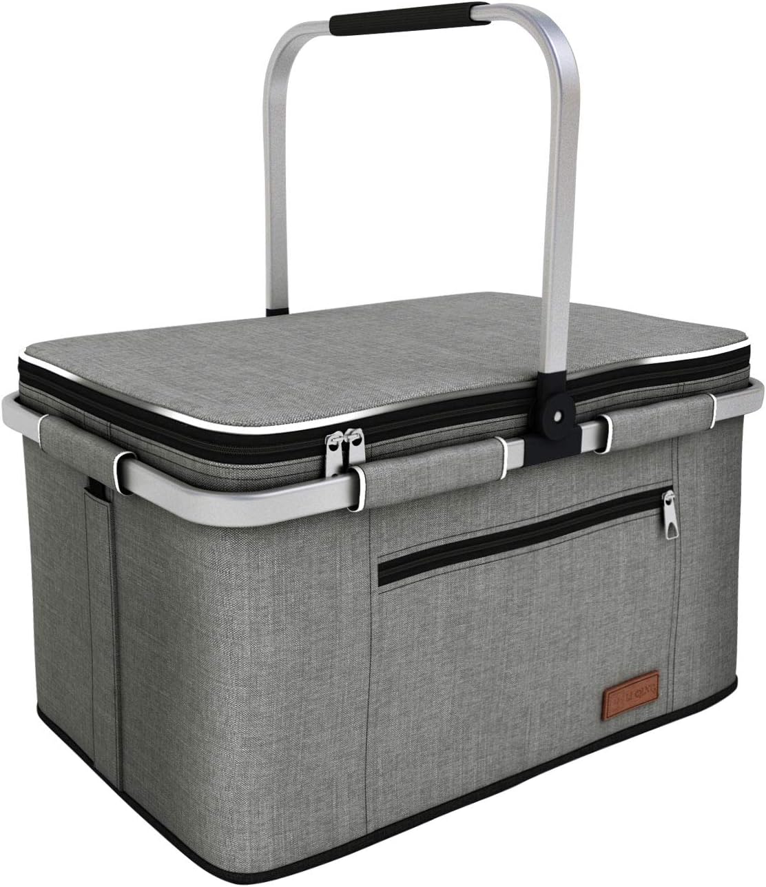 LIQING 35L Large Picnic Basket 2 Layers of Internal Pockets Leak-Proof and Insulated ,Folding with Internal Support for enhansed Stability, Wedding Gifts for Couple(Grey)