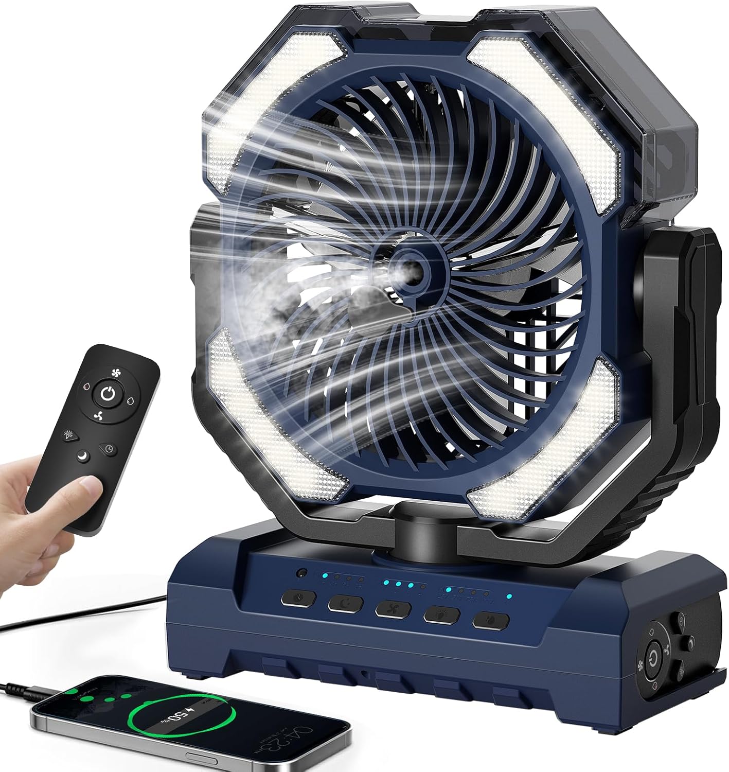 20000mAh Portable Misting Fan, USB Rechargeable Camping Fan with LED Light, Battery Operated for Outdoor, Tents, Beach, Travel - 250mL Water Tank & Hook Included, Black.