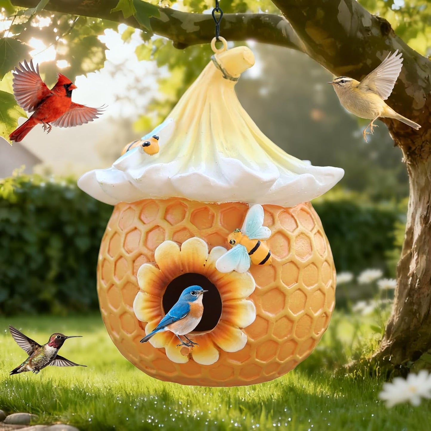 Bird Houses for Outside Bird Nesting Design Resin Birdhouse, Garden Outdoor Decor Bird House with Flower and Leaf Details, Birdhouses for Outdoors for Bluebird Finches Cardinals