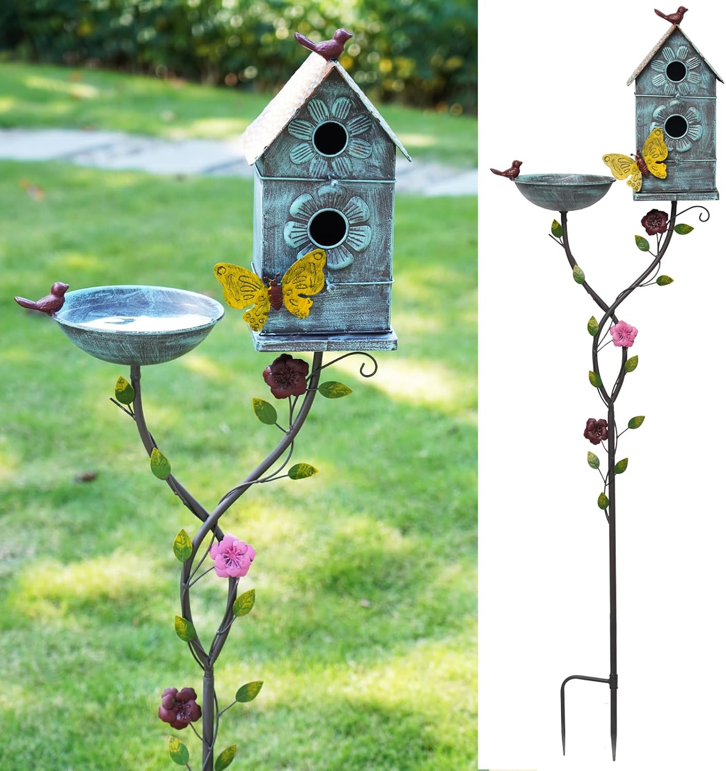 57" H Metal Bird Bath Bowl and Bird House 2-in-1 Design for Outdoors, Garden Yard Decor