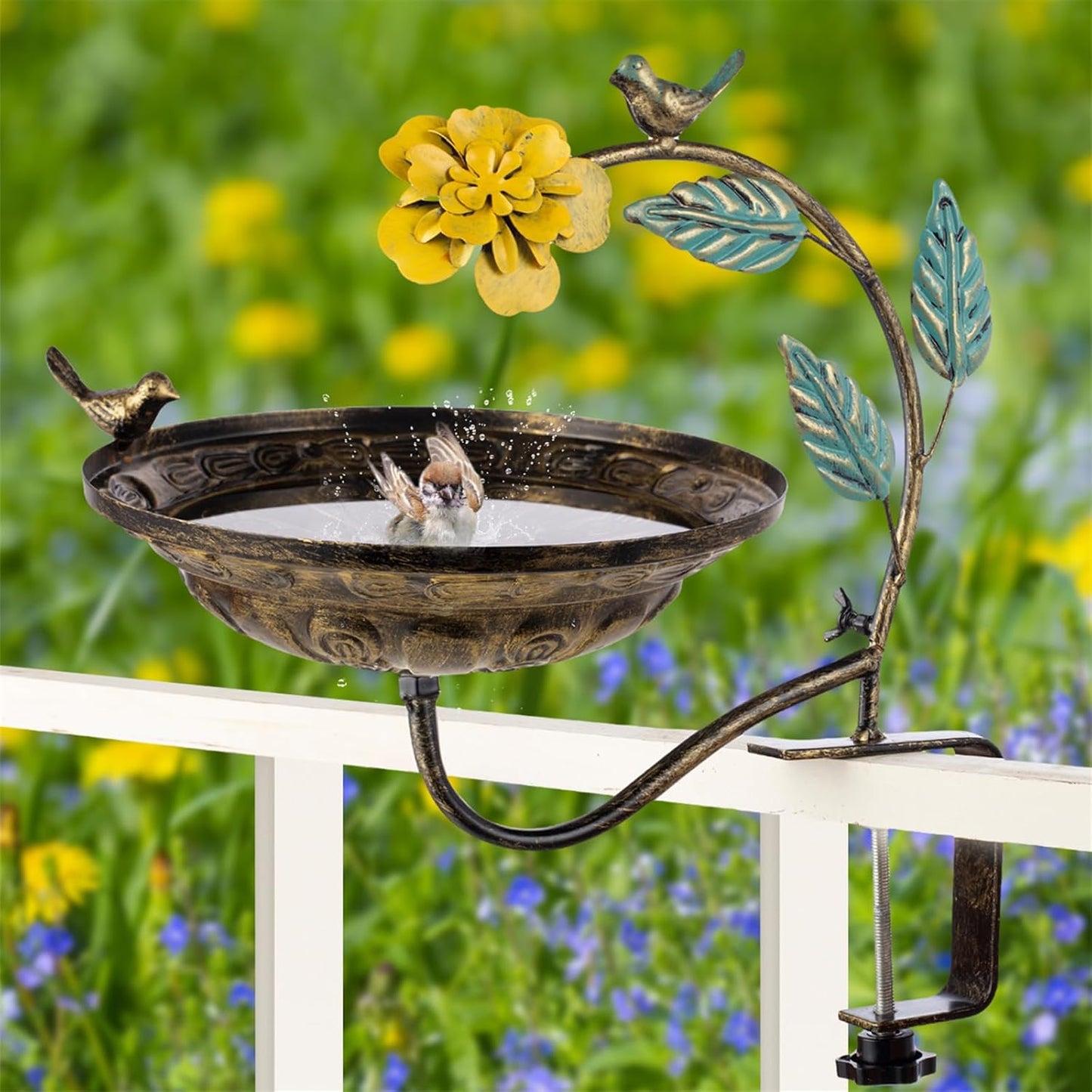 Metal Bird Bath for Outdoors, Deck Mounted Birdbaths with 10 Inch Bowl, Detachable Bird Feeder with Adjustable Clamp for Balcony Railing Garden Yard Decor