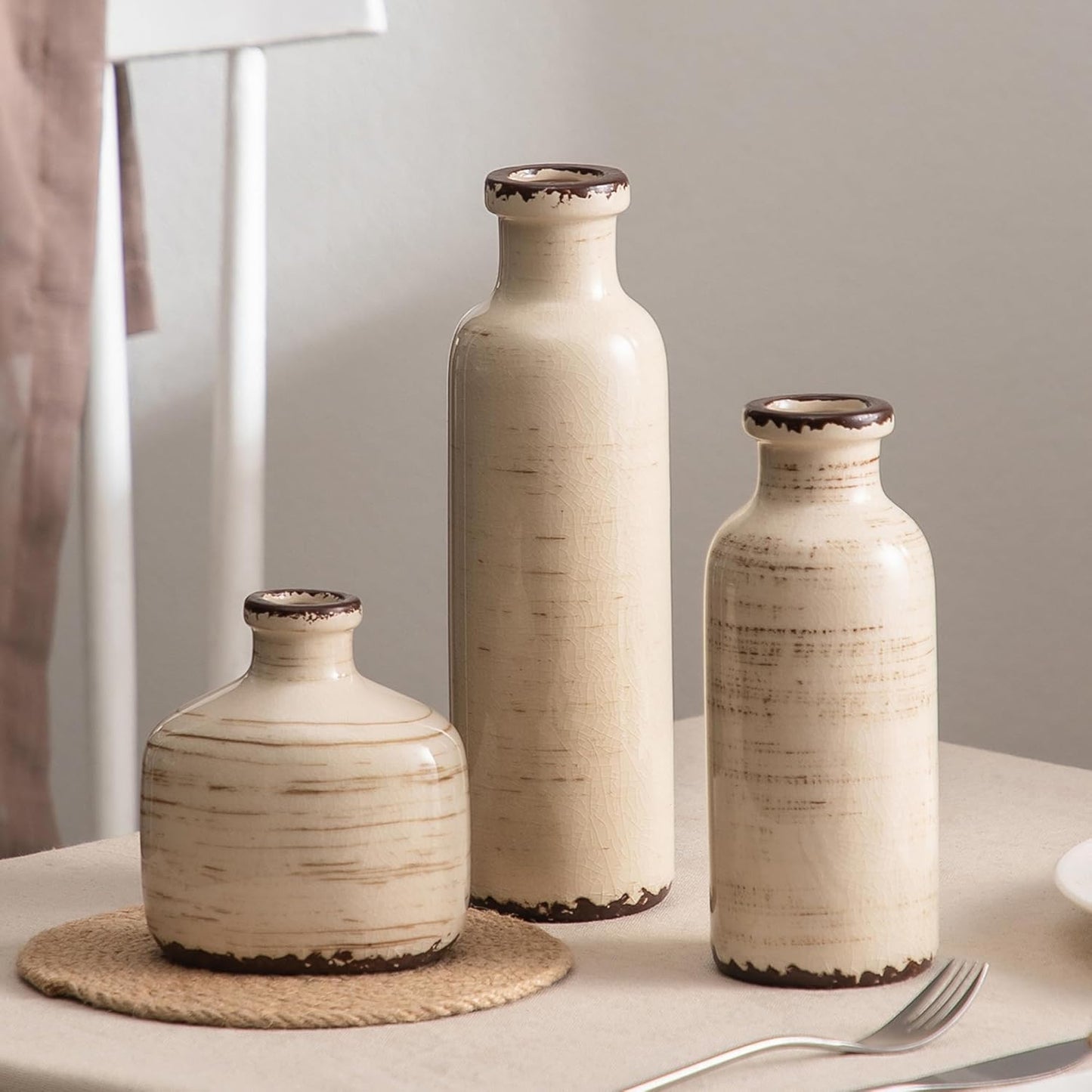 Modern Ceramic Vase Set of 3, 8 inch Simple Geometric Lines Vase for Pampas Grass Dried Fresh Flowers, Home Decor, Bedroom, Living Room, Bookshelf Decoration, Neutral Minimalist Nordic Style