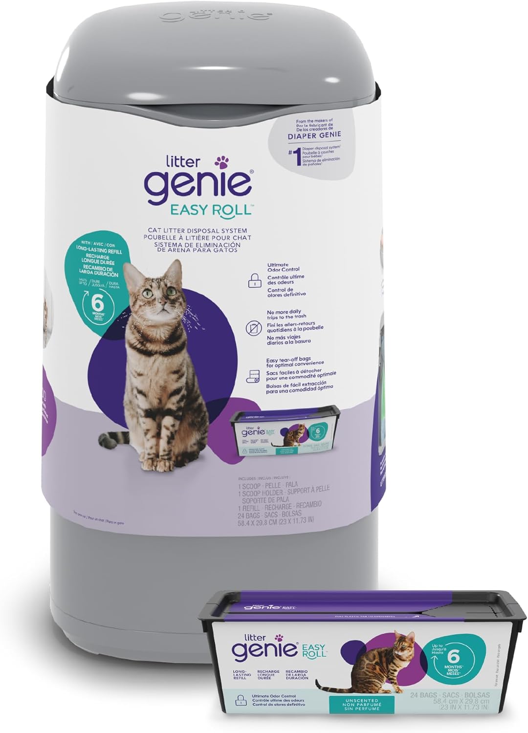 Litter Genie Platinum Pail Made of Durable Stainless Steel Includes 1 Easy Roll Refill