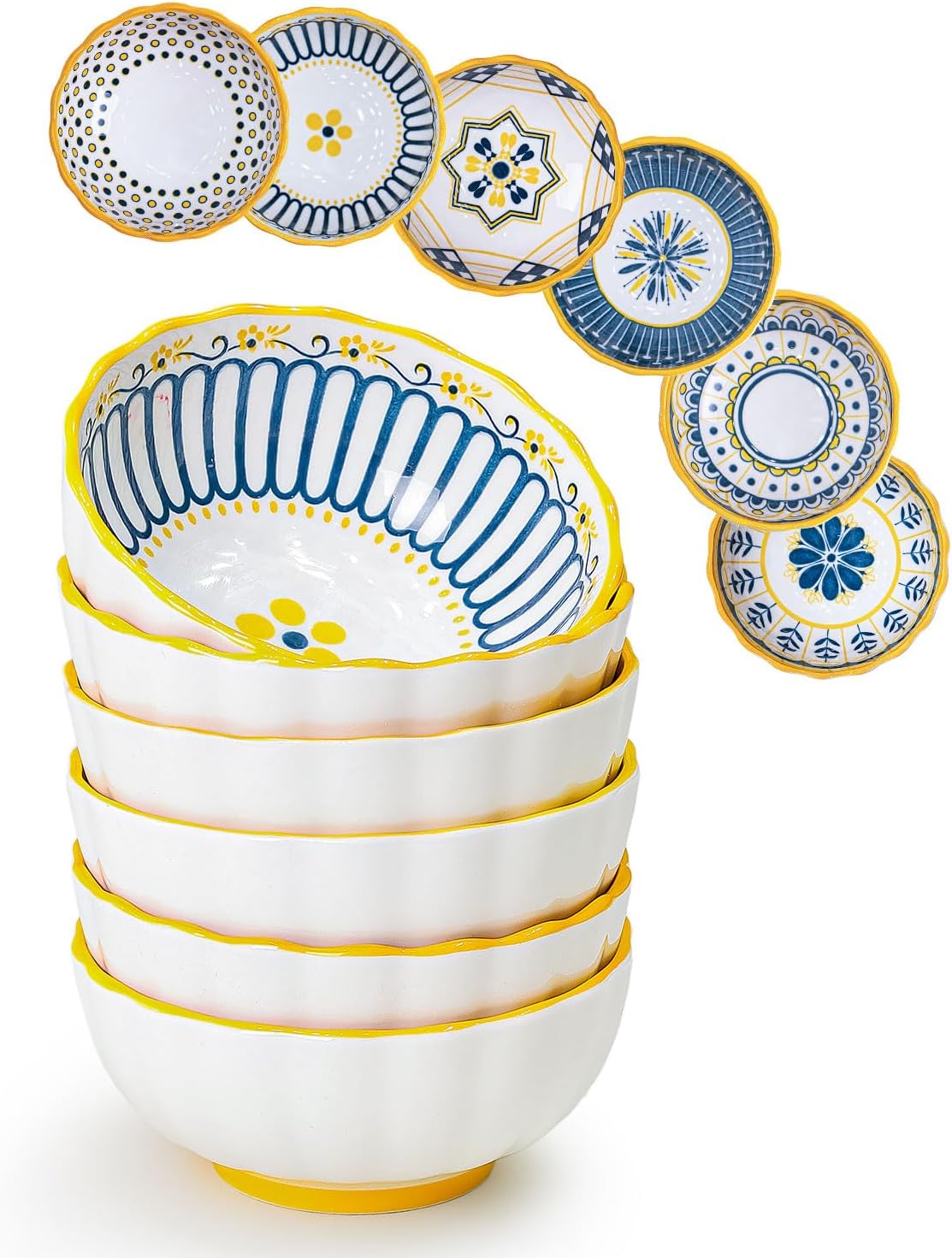 Yeacccng Bohemian Soup Bowls with Handles Set of 4, 20 Oz Indented Grooved Ceramic Bowls, 6.5 Inch French Onion Soup Bowls, Lead-Free, Scratch-Resistant, Oven/Microwave Safe