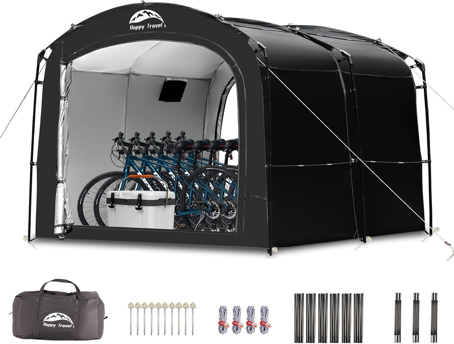 Happy Travel Bike Storage Shed Tent,Outdoor Portable Bicycle Storage Sheds with 210D Oxford Fabric PU4000 Waterproof for 2/3/4/6/8 Bikes,Bike Covers Shelter for Motorcycle,Garden Tools,Toys,Lawn Mower