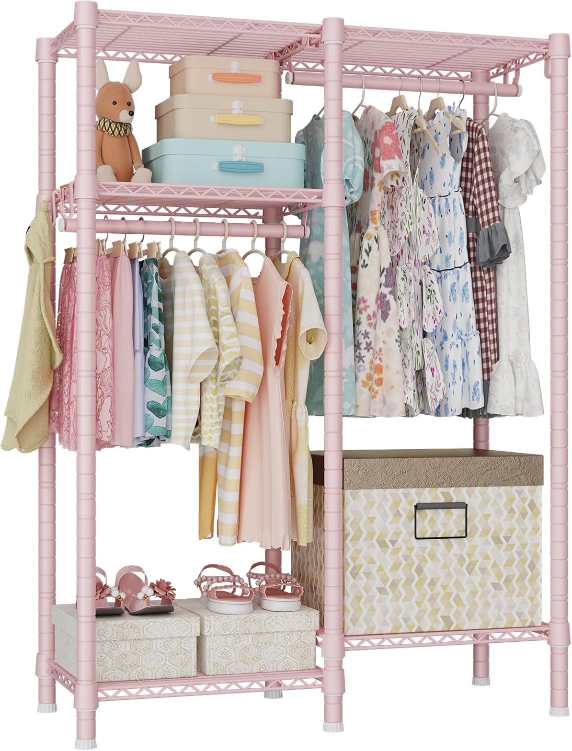 Ulif F1 Clothes Rack for Kids, Baby, Students, and Children's Room, 4 Tiers Portable Metal Closet Clothing Rack, Small Garment Rack with 2 Hanging Rod, 31.2" W x 11.8" D x 48" H, Pink