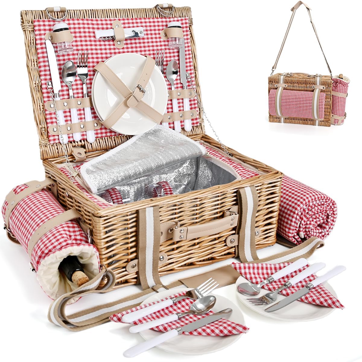 31Pcs Picnic Basket Set for 4 with Insulated Liner and Waterproof Blanket Wine Pouch, Large Wicker Picnic Hamper for Camping,Outdoor,Valentine Birthday Christmas for Couples