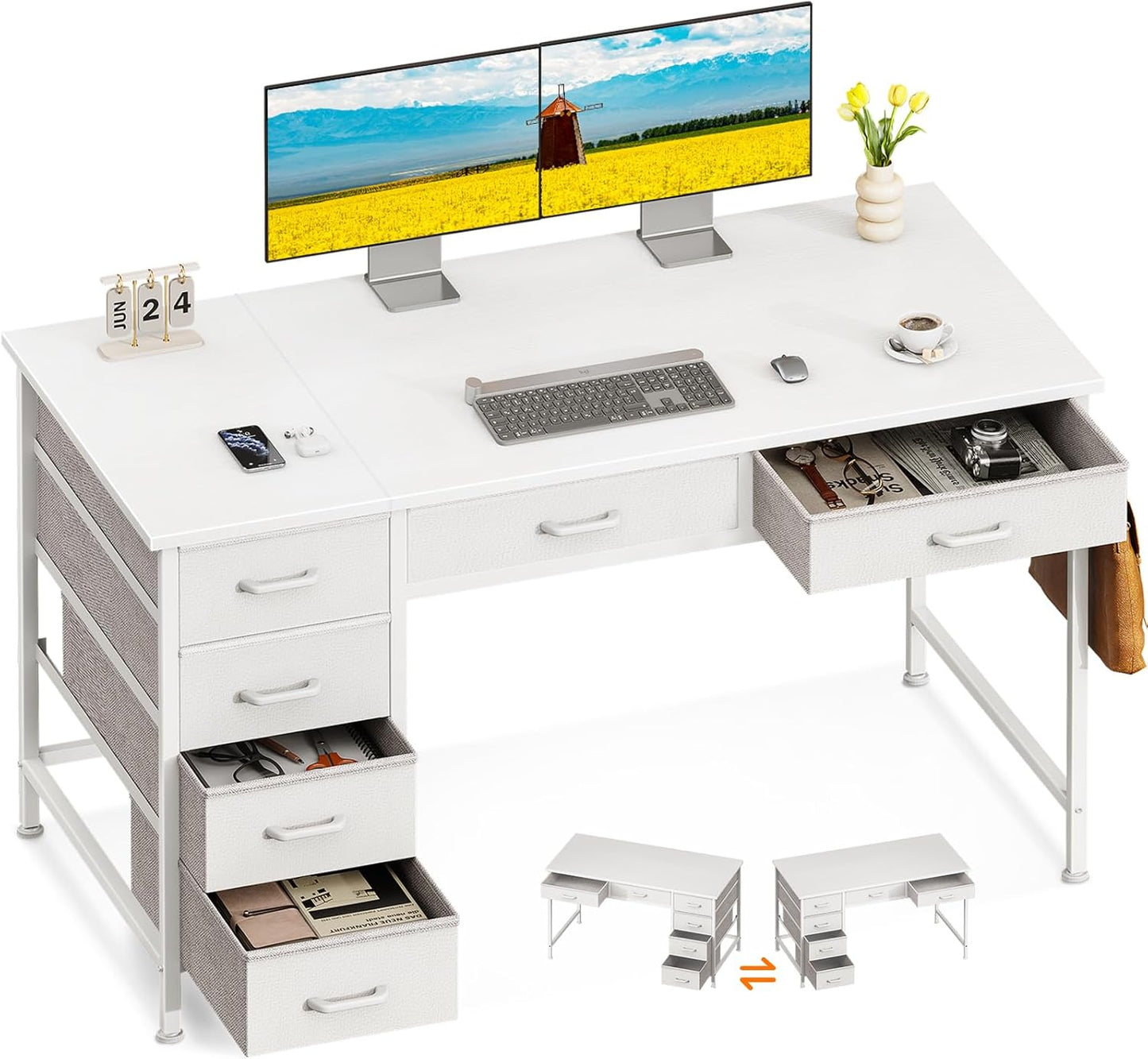ODK Computer Desk with 6 Drawers, 40 Inch Small Desk with Storage, Reversible Desk with Headphone Hook for Home Office, Work Study Table for Bedroom, White