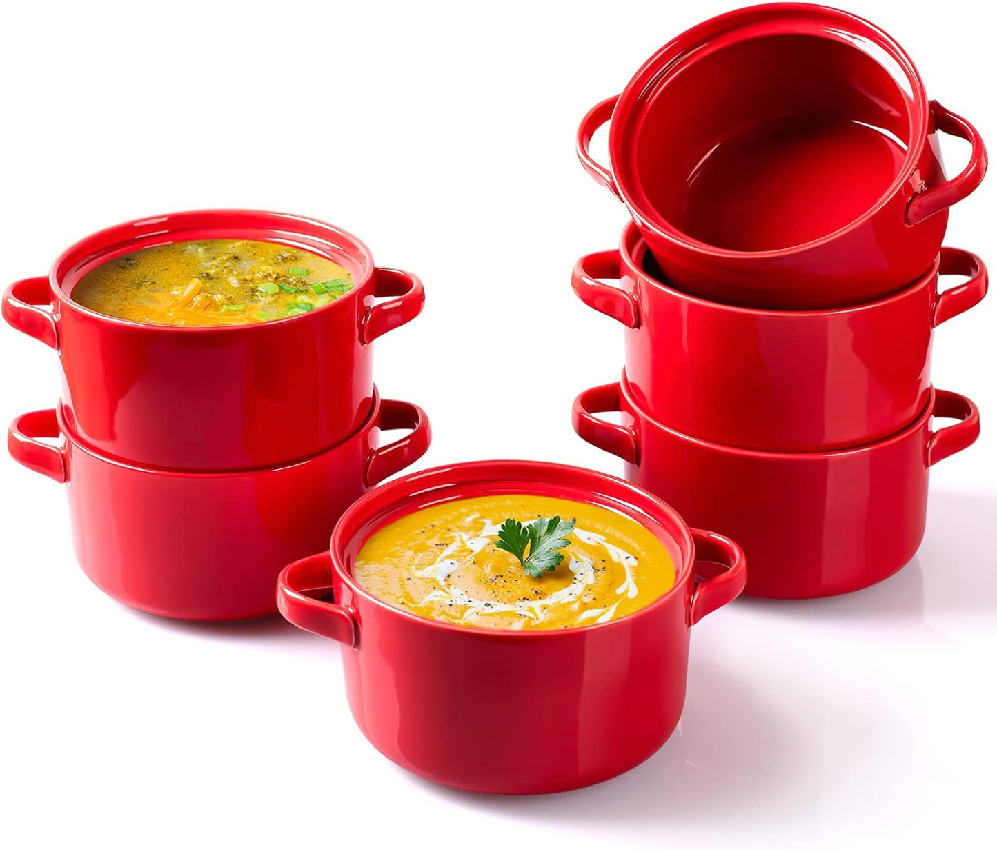 DELLING Soup Bowls with Handles Set of 6, 24 Oz Ceramic French Onion Soup Crocks Oven Safe - Large Soup Mugs for Chili Stew Cereal, Microwave Dishwasher Safe, White