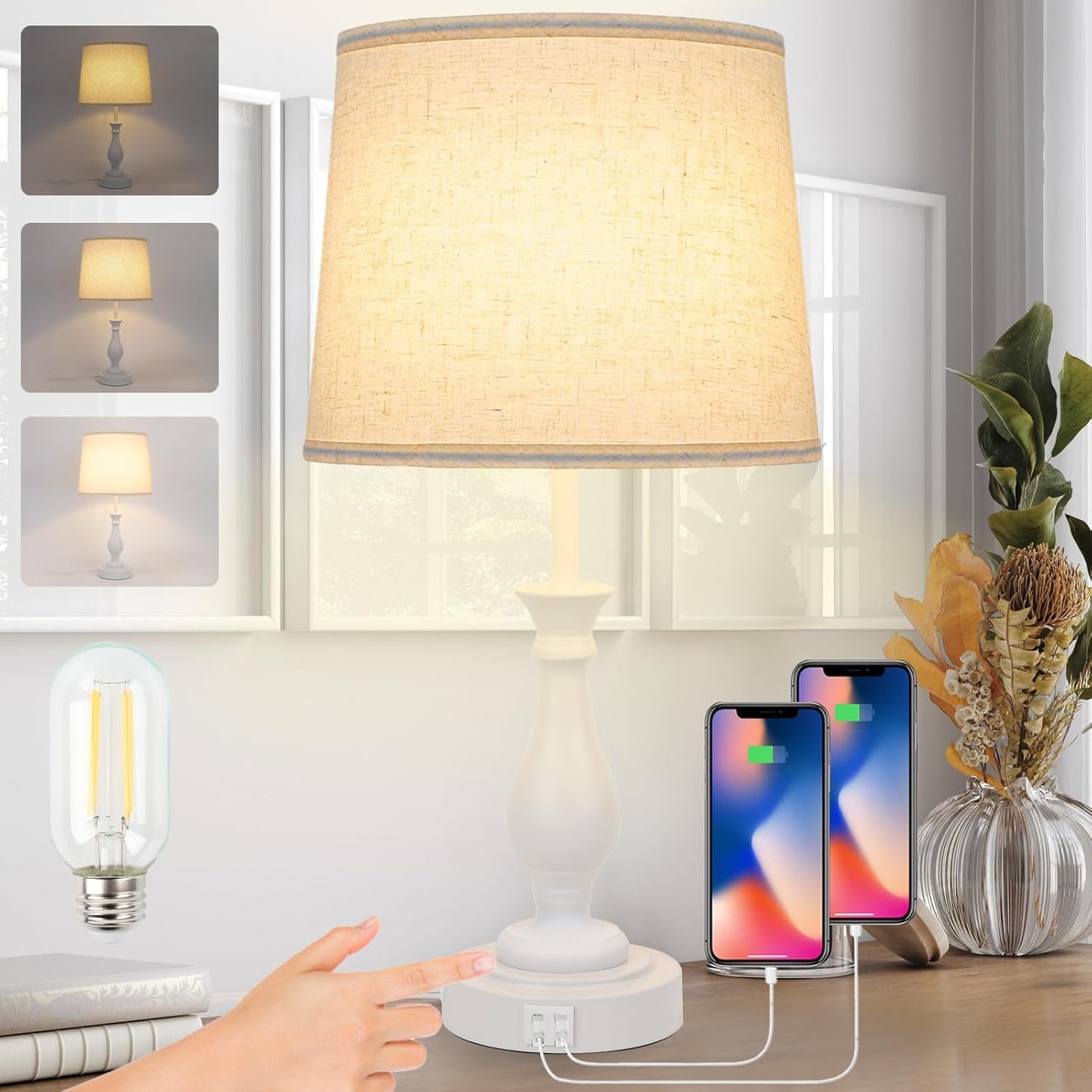 Farmhouse Table Lamp Touch Control 3-Way Dimmable Table Lamp, Modern Nightstand Lamp with 2 USB Port Bedside Desk Lamp with Fabric Shade for Living Room Bedroom Hotel (Pack 1-Beige Shade)