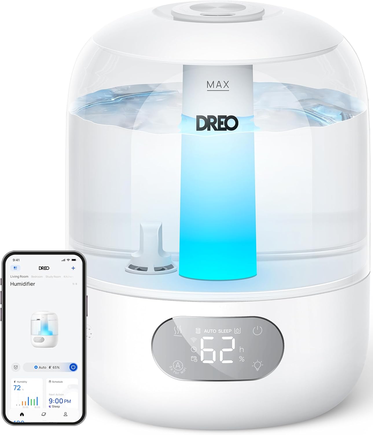 DREO Humidifiers for Bedroom, 3L Top Fill 30H & 26dB Quiet Runtime for Large Room, Cool Mist Ultrasonic Humidifier with Humidity Sensor, Night Light for Home, Baby, Nursery, Plants, New Edition