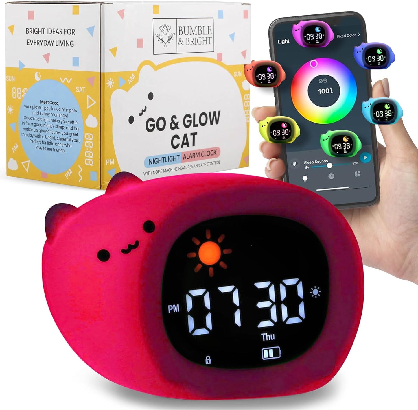 Bumble & Bright Kids Sleep Trainer with App Control - OK to Wake Clock for Kids Ages 4+, Color-Changing Night Light, Alarm & Sound Machine, Simple 1-Routine Setup, Free App, USB-C