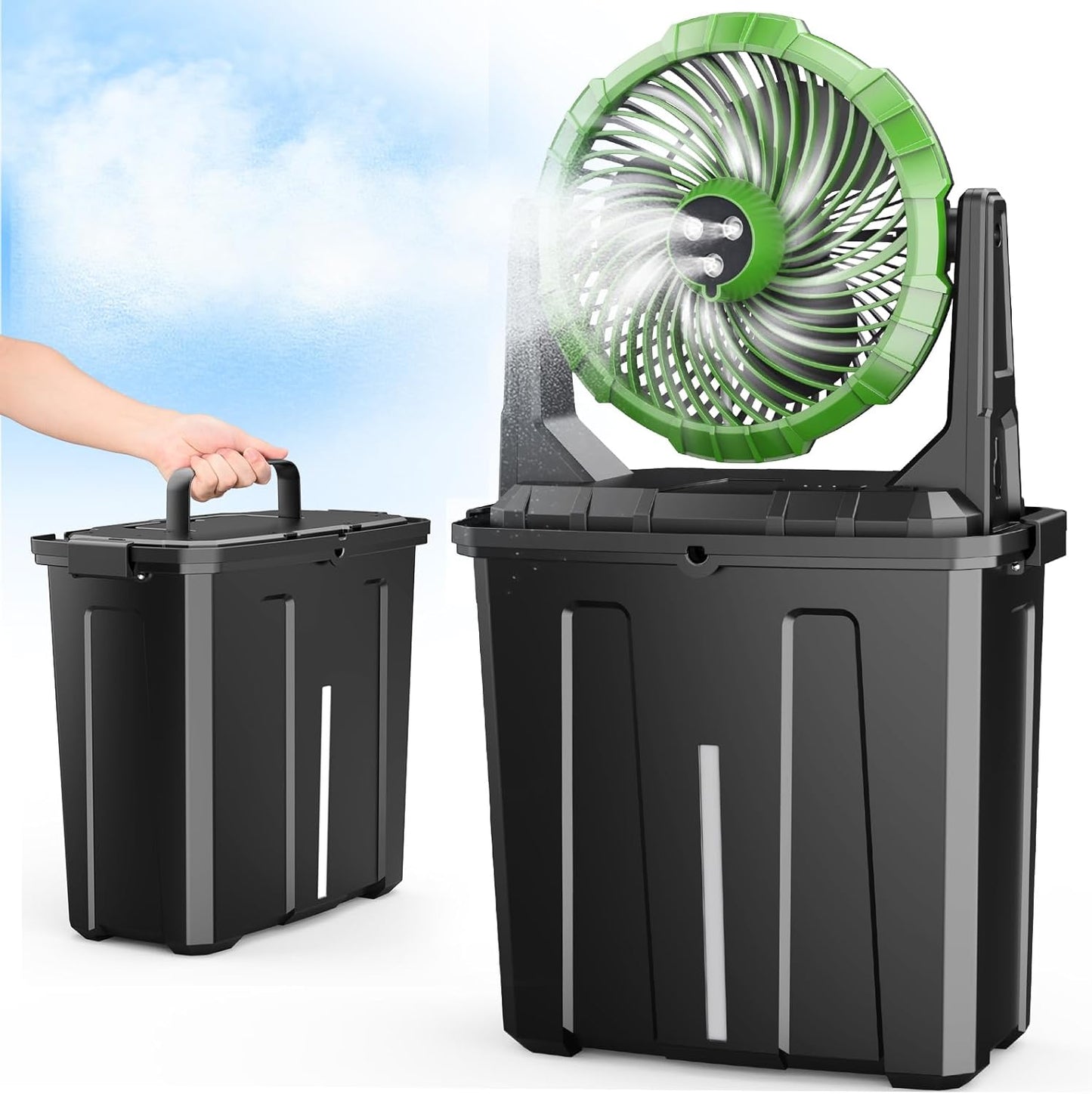 Ausic Portable Misting Fan - 9L Bucket, 10-inch Outdoor Fans for Patios/Camping/Beach/Golf etc., 20000mAh USB Rechargeable Battery Powered Floor Water Cooling Fan, 3 Strong Winds, 3 Spray Mister