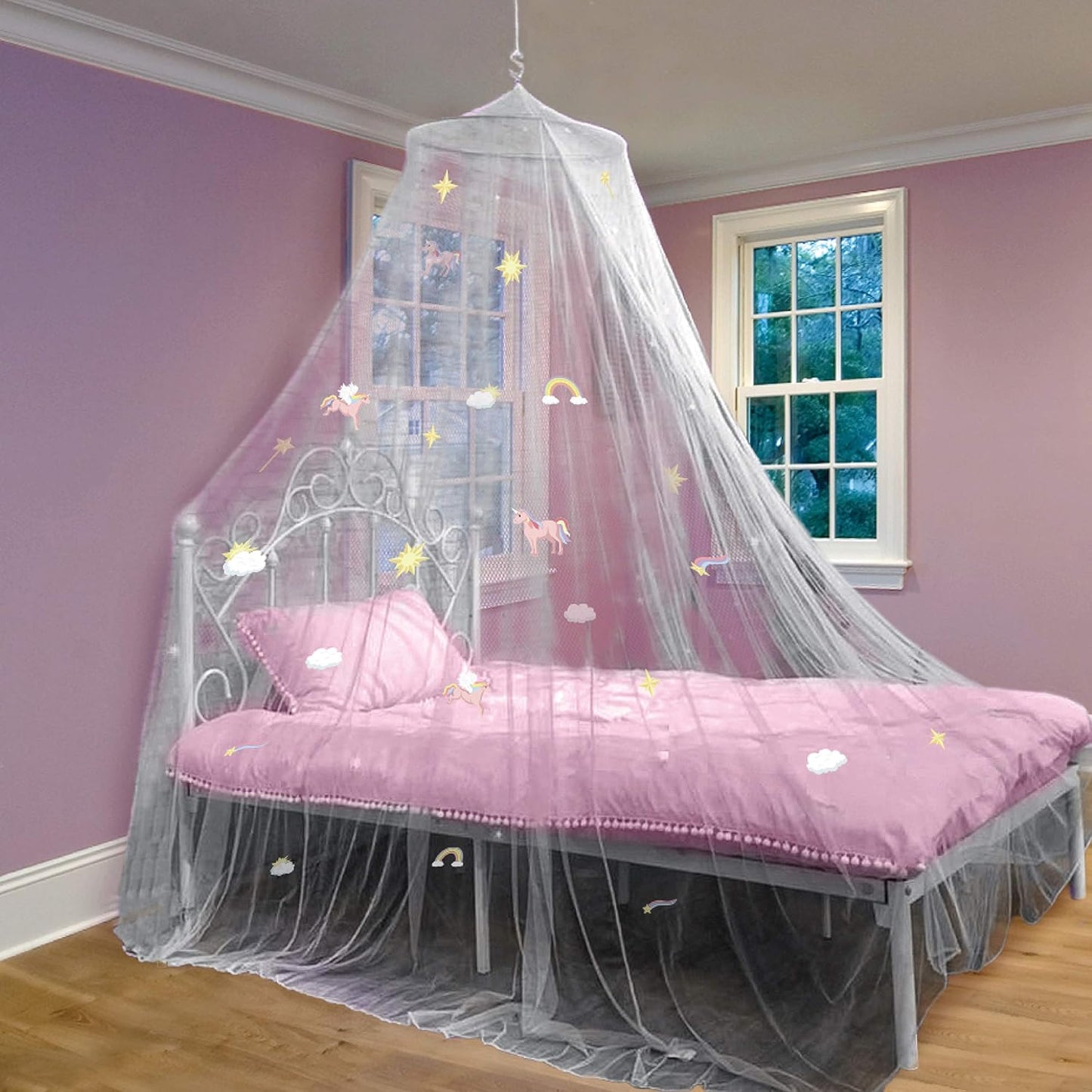 Pink Bed Canopy for Girls with Glowing Stars - Premium Canopy Bed Curtains | Fits Single, Twin, Full, Queen Size Kids Bed, Princess Netting Room Decor, Ceiling Tent to Cover Toddler, Canopy for Bed