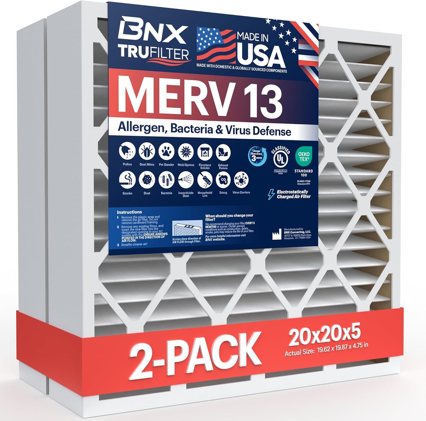 BNX TruFilter 20x20x1 MERV 13 (4-Pack) AC Furnace Air Filter - MADE IN USA - Electrostatic Pleated Air Conditioner HVAC AC Furnace Filters - Removes Pollen, Mold, Bacteria, Smoke