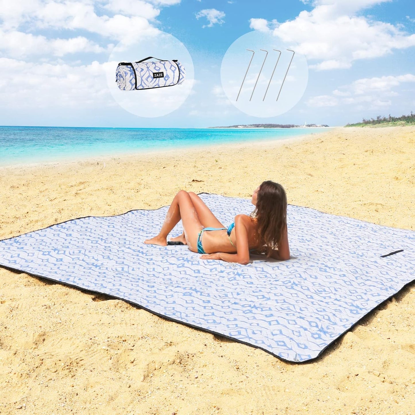 ZAZE Picnic Blankets Beach Blanket, 80''x80'' Extra Large Thick 3-Layers, Sandproof Machine Washable Waterproof Foldable Oversized XL Outdoor Mat, for Camping, Park, Travel, Grass(Blue White Stripe)